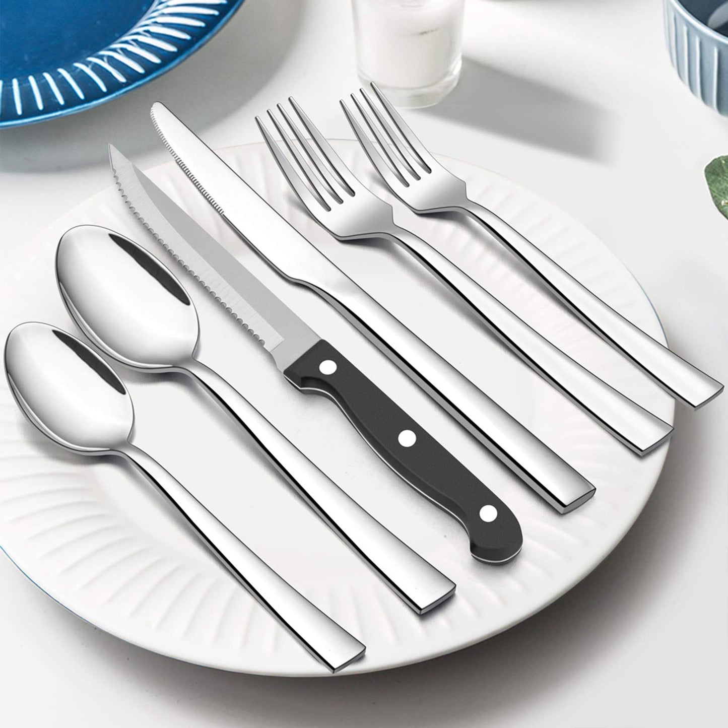 72-Piece Silverware Set with Steak Knives, E-far Stainless Steel Flatware Cutlery Set Service for 12, Modern Tableware Set Include Forks Spoons Knives, Square Edge & Mirror Polished - Dishwasher Safe