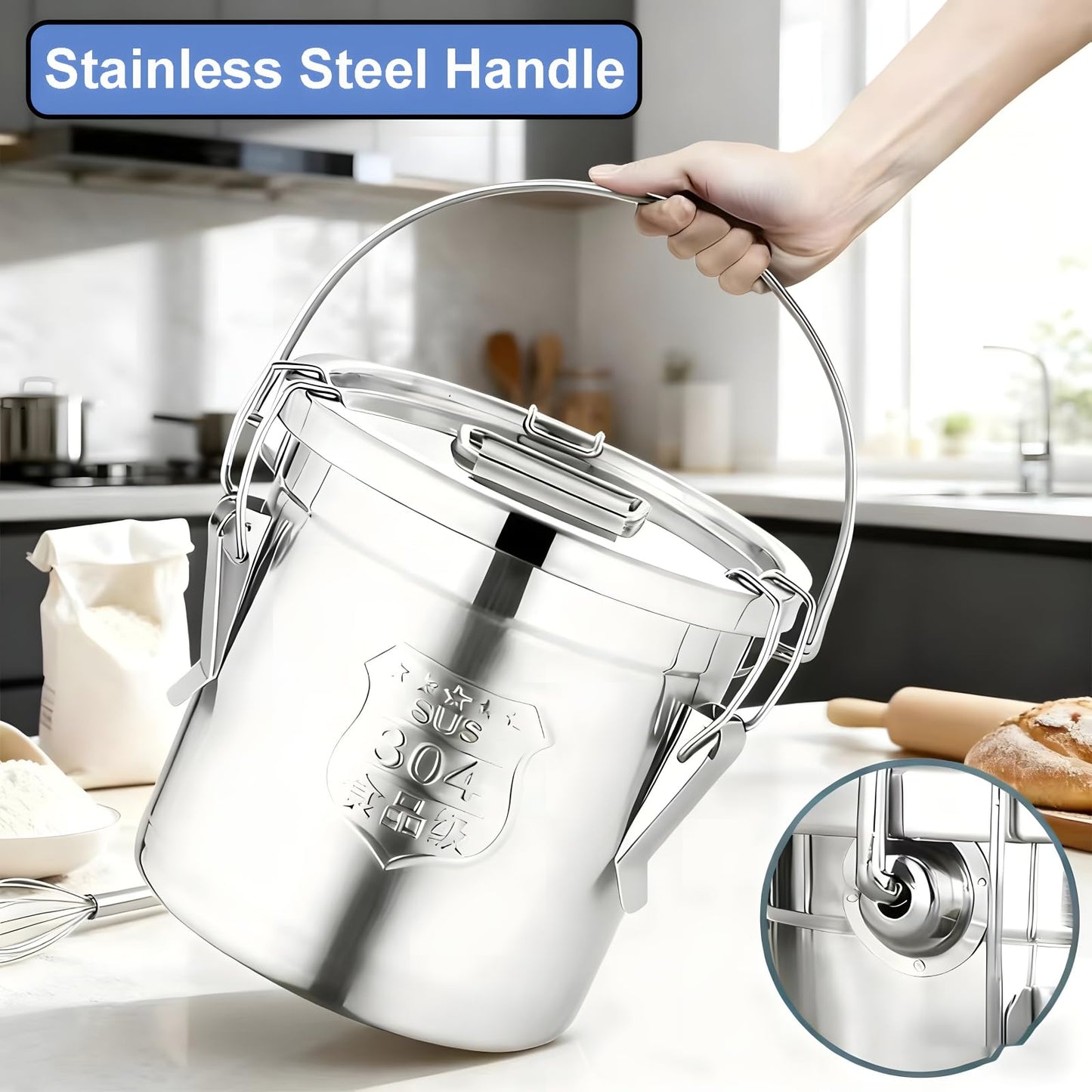 Tircoiude 304 Stainless Steel Kitchen Canisters, Flour Storage Container with Lid Locking Clamp Metal Food Airtight Canister for Kitchen Bean Oil Cereal Stainless Steel Bucket(Handheld)6L/1.5gal