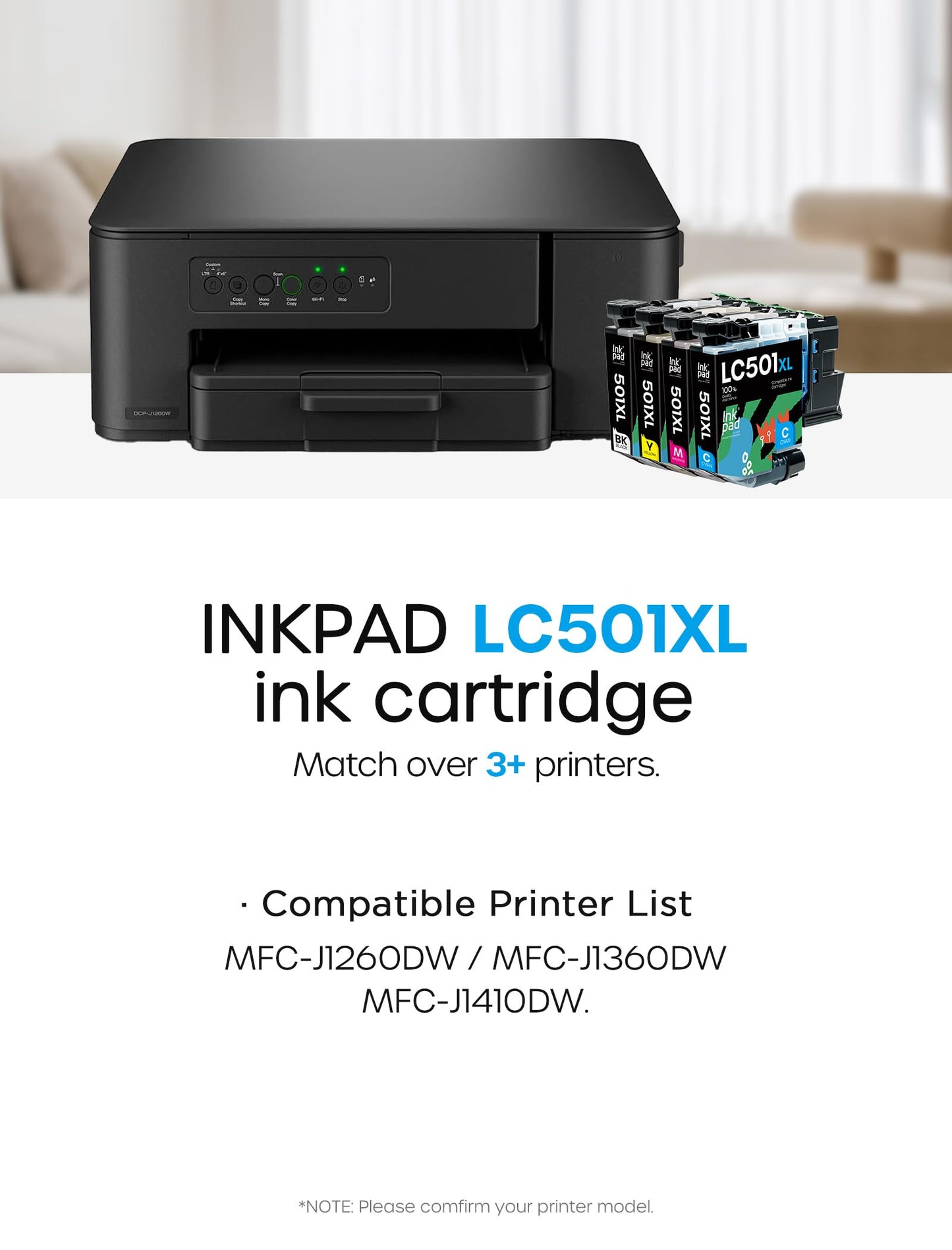 Compatible with LC501XL High Yield Ink Cartridges Compatible for Brother LC501 XL Work for Brother MFC-J1360DW, MFC-J1410DW, MFC-J1260DW Printer (4 Pack, Black Cyan Magenta Yellow)