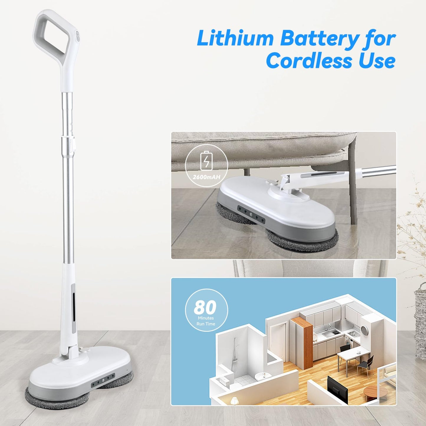 Cordless Electric Mop, Dual Motor Powerful Spin Mop 2000 mAh, Floor Polisher,1H Rechargeable Power Mops with LED Light/Water Sprayer, Electric Mops for Floor Cleaning for Hardwood, Tile, Rotate 180°