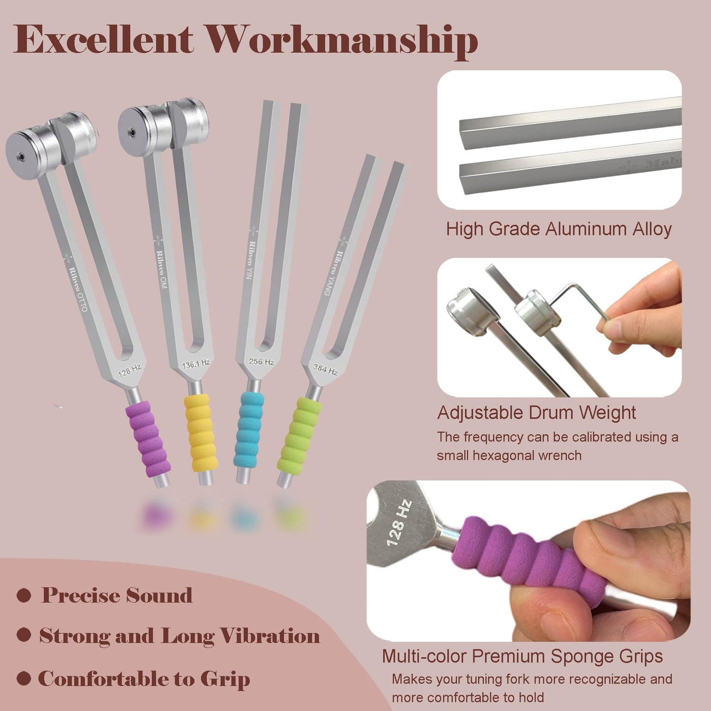 Tuning Forks for Healing Set (128Hz, 136.1Hz, 256Hz, 384Hz) with Activator & Reflex Hammer, Sound Therapy Instruments for Chakra/Yoga/Meditation, Frequency Healing Devices in Vegan Leather Pouch