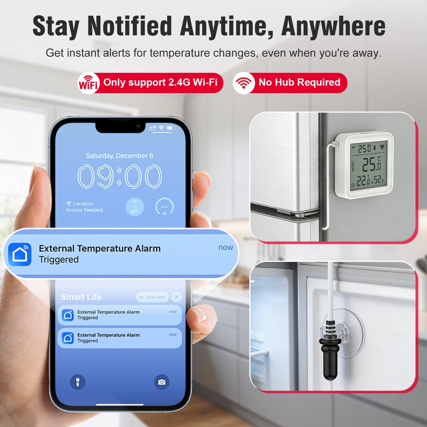 DAYTECH Fridge Thermometer WiFi Smart Freezer Thermometer with Room Temperature and Hygrometer Monitor, App Alerts and Clear Digital Display, for Home/Restaurant/Office, No Hub Required, 2PCS