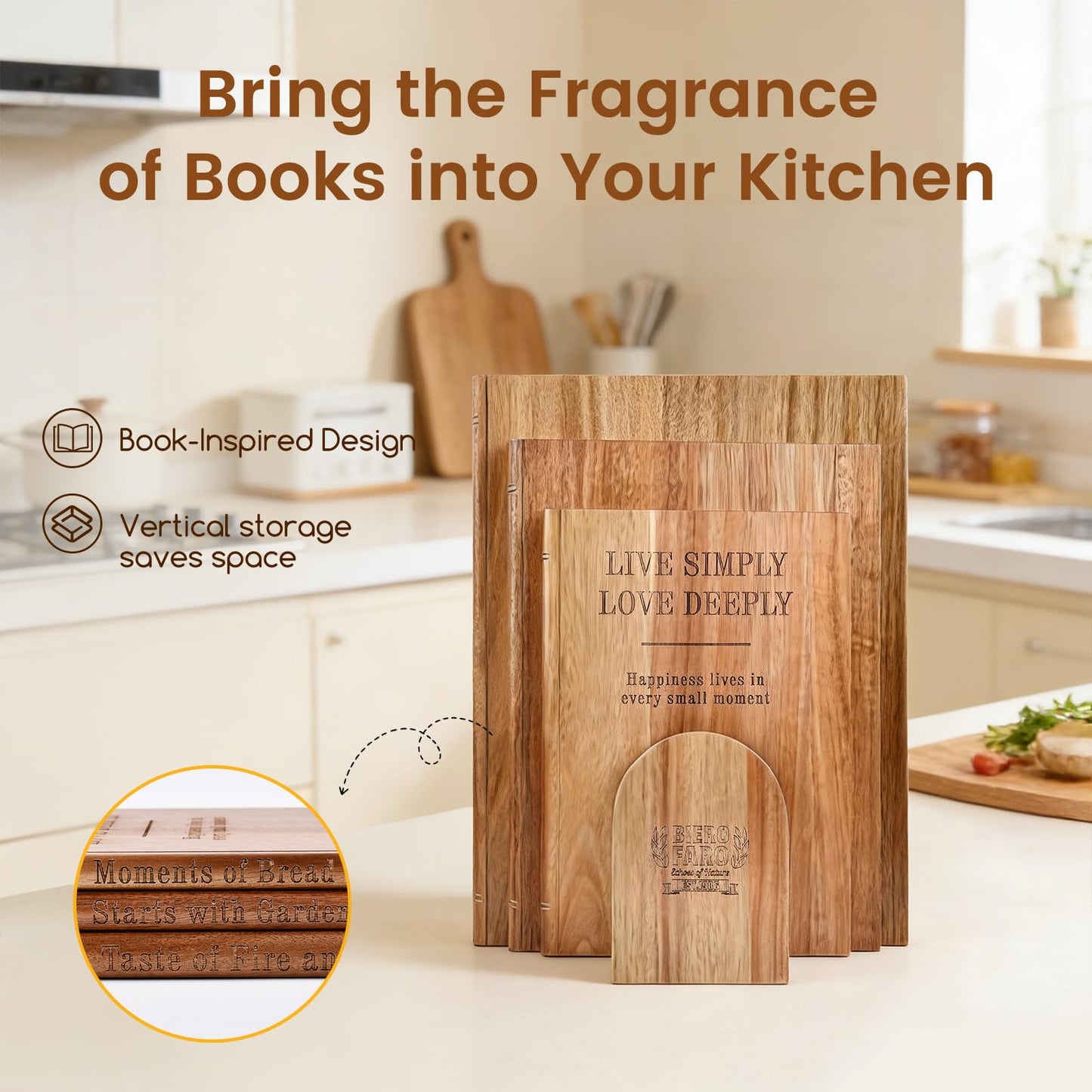 Book Cutting Board Set of 3 with Stand - Bierofaro Acacia Wood Chopping Boards for Kitchen, Decorative Book-Shaped Wooden Board for Cheese, Bread, Meat & Serving - Housewarming Gift