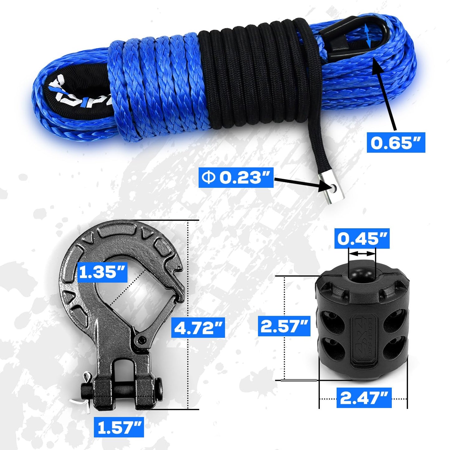 Synthetic Winch Rope Kit, 1/4" x 50ft 10000LBS Blue Winch Cable with Protective Sleeve, Forged Winch Hook, Rubber Stopper and Safety Pull Strap for ATV UTV