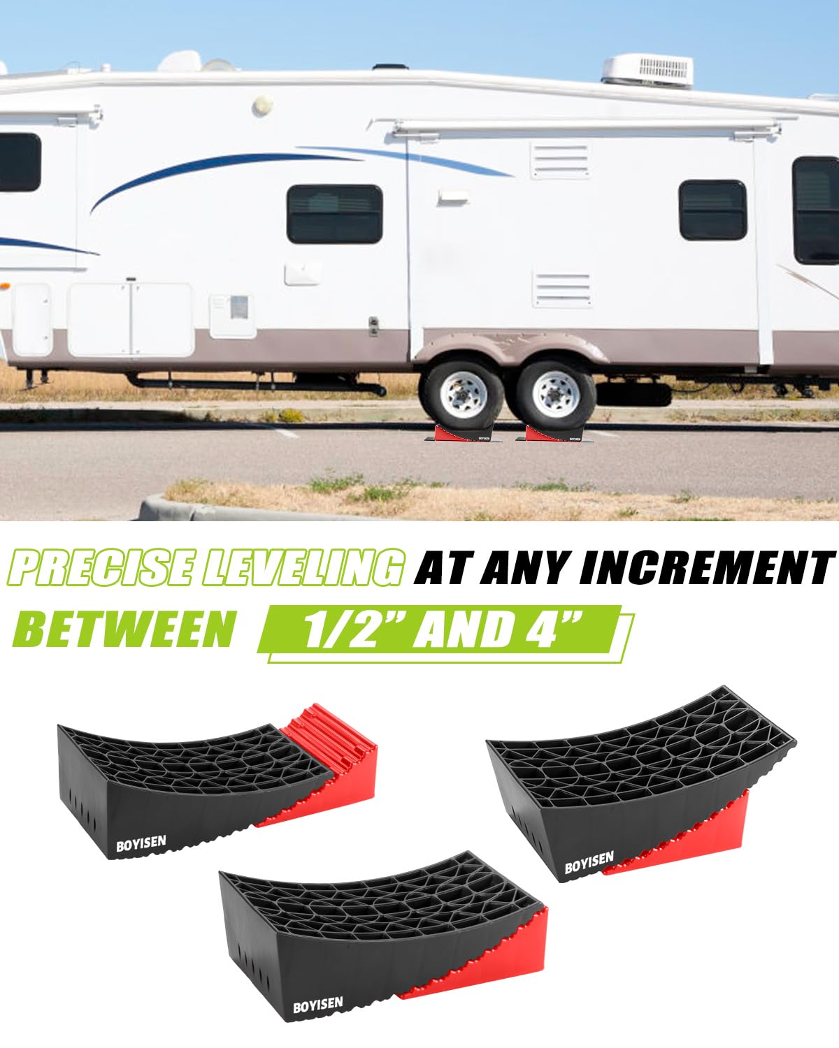 BOYISEN Camper Levelers 2 Pack - RV Leveling Blocks Ramp Kit Support Dual Axles Tandem Wheel Up to 35,000lbs RV Levelers with 2 Levelers 2 Chocks 2 Anti-Slip Mats and Carrying Bag Black