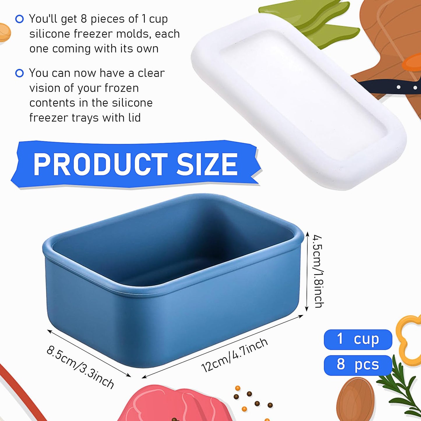 8 Pcs Silicone Freezer Containers with Lid 1 Cup Silicone Freezer Soup Molds, Reusable Food Preserving Ice Tray for Storing and Freezing Soup Sauces Stews (Blue)