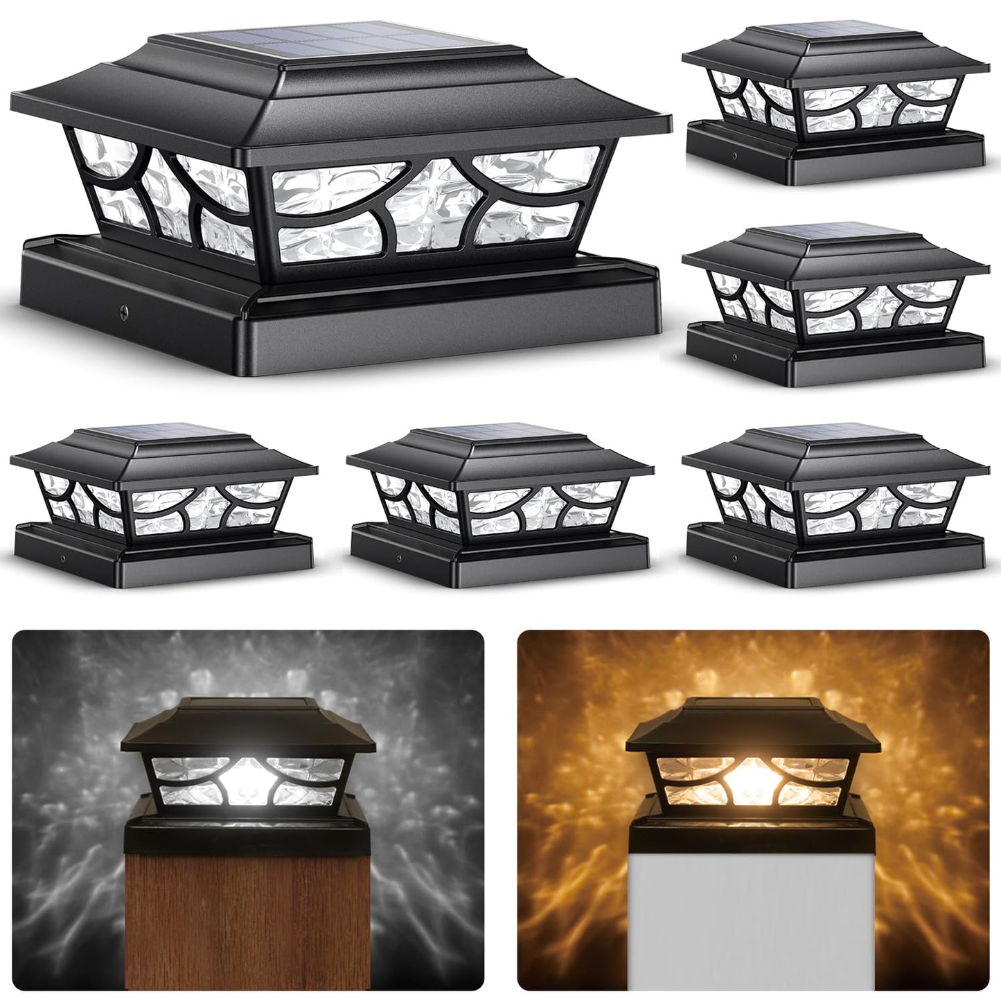 SIEDiNLAR Solar Post Lights Outdoor 4 Modes Deck Fence Post Cap Light for 4x4 5x5 6x6 Vinyl Wooden Posts Patio Garden Decor, Warm White & Cool White Dynamic Lighting Black (6 Pack)