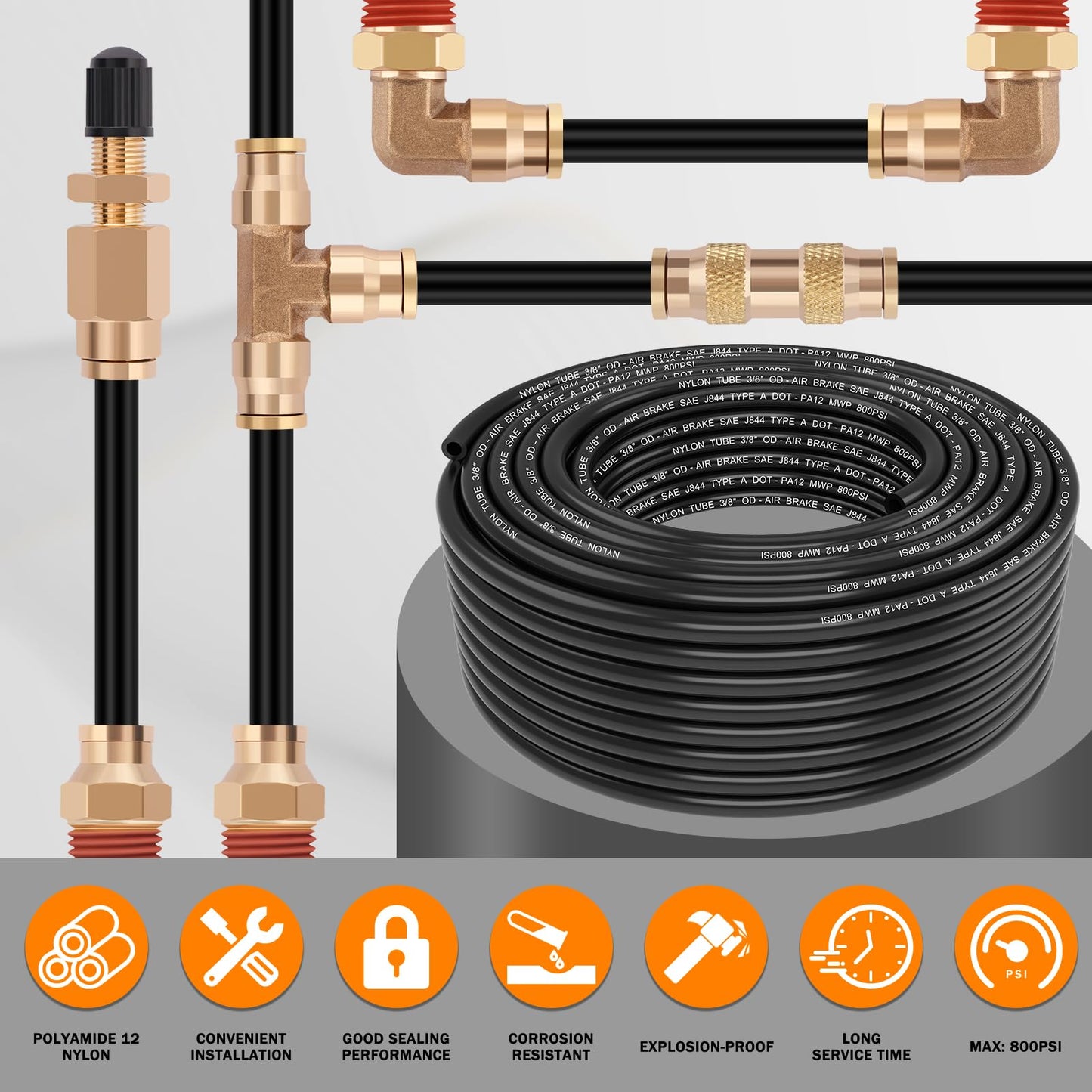 CheeMuii 100 FT 3/8" PA12 Nylon DOT Air Line SAE J844 DOT Air Hose 30.5 Meter 3/8 Inch OD Pneumatic Air Tubing Pipe Hose Line