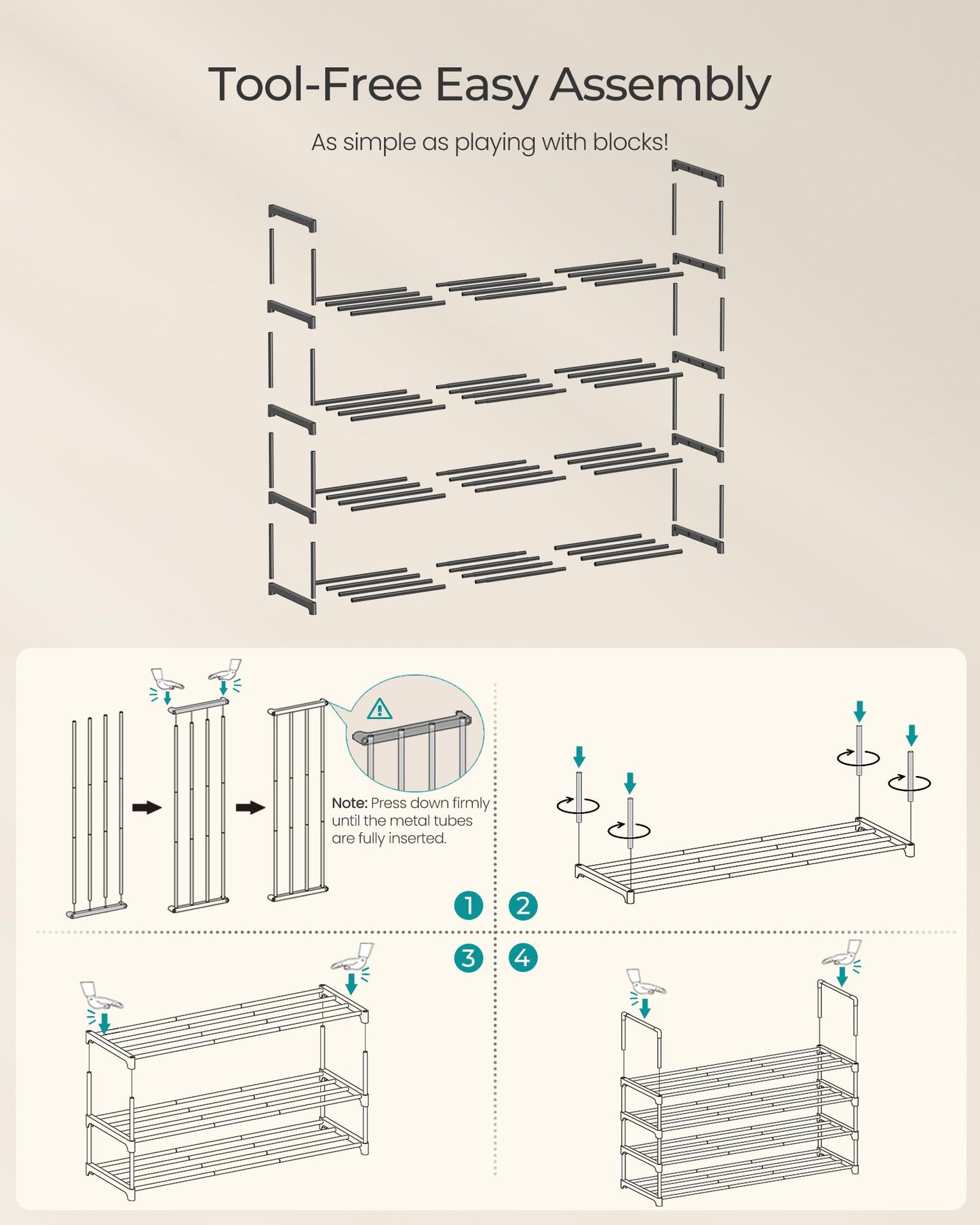 SONGMICS Shoe Rack, 4-Tier Shoe Organizer, Sturdy Storage Shelf, Upright or Upside Down, for 20-25 Pairs, Stackable, for Entryway, 30 x 92 x 75 cm, Black ULSA14BK