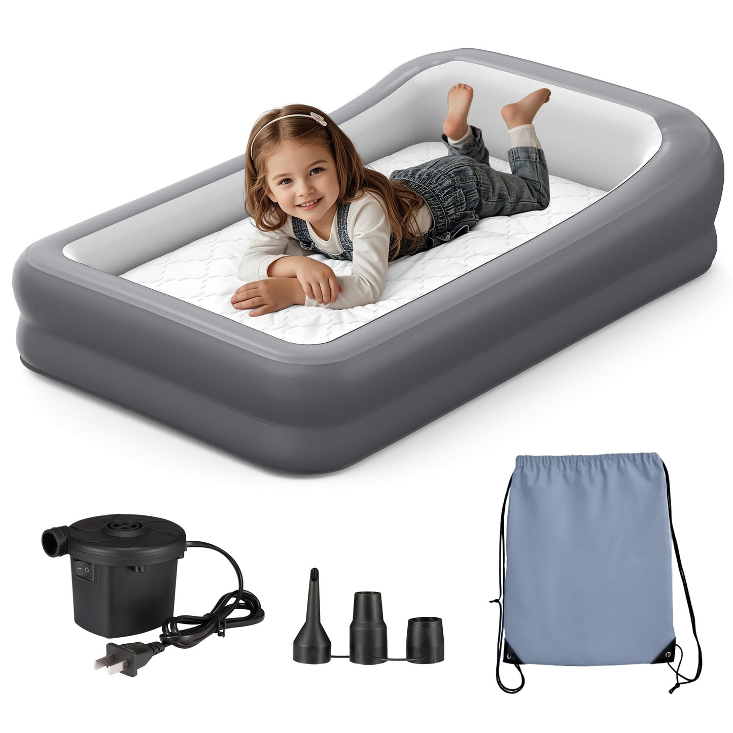 GloTika Inflatable Toddler Travel Bed, Portable Kids Air Mattress with Safety Bumpers, Ideal for Travel or Home Use, Includes Pump and Carry Bag