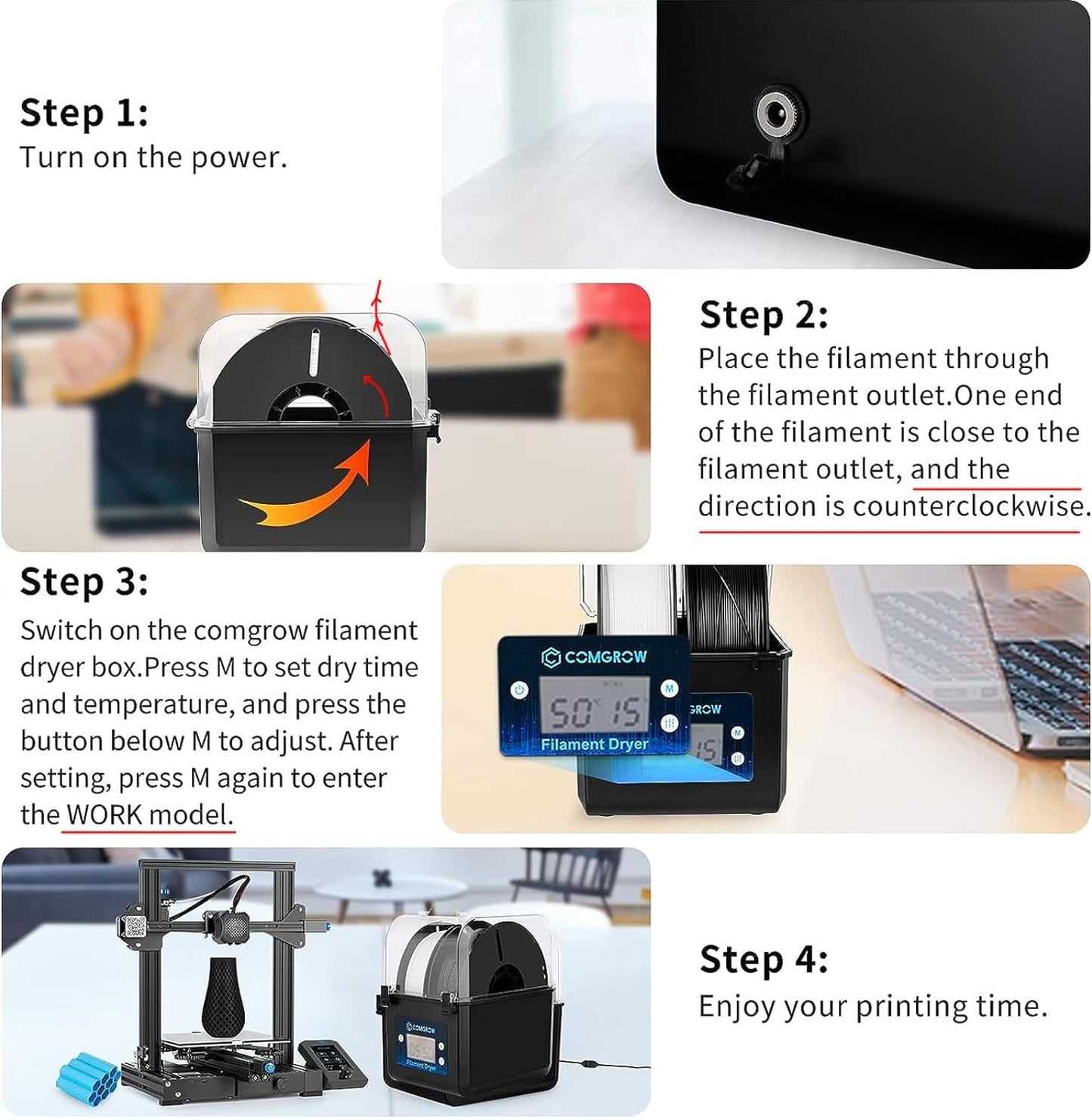 Comgrow 3D Printer Filament Dryer Box, SH01 3D Filament Storages, Keeping Filaments Dry During 3D Printing, Compatible with 1.75mm/2.85mm PLA PETG ABS Material, Filament Dehydrator, Spool Holder