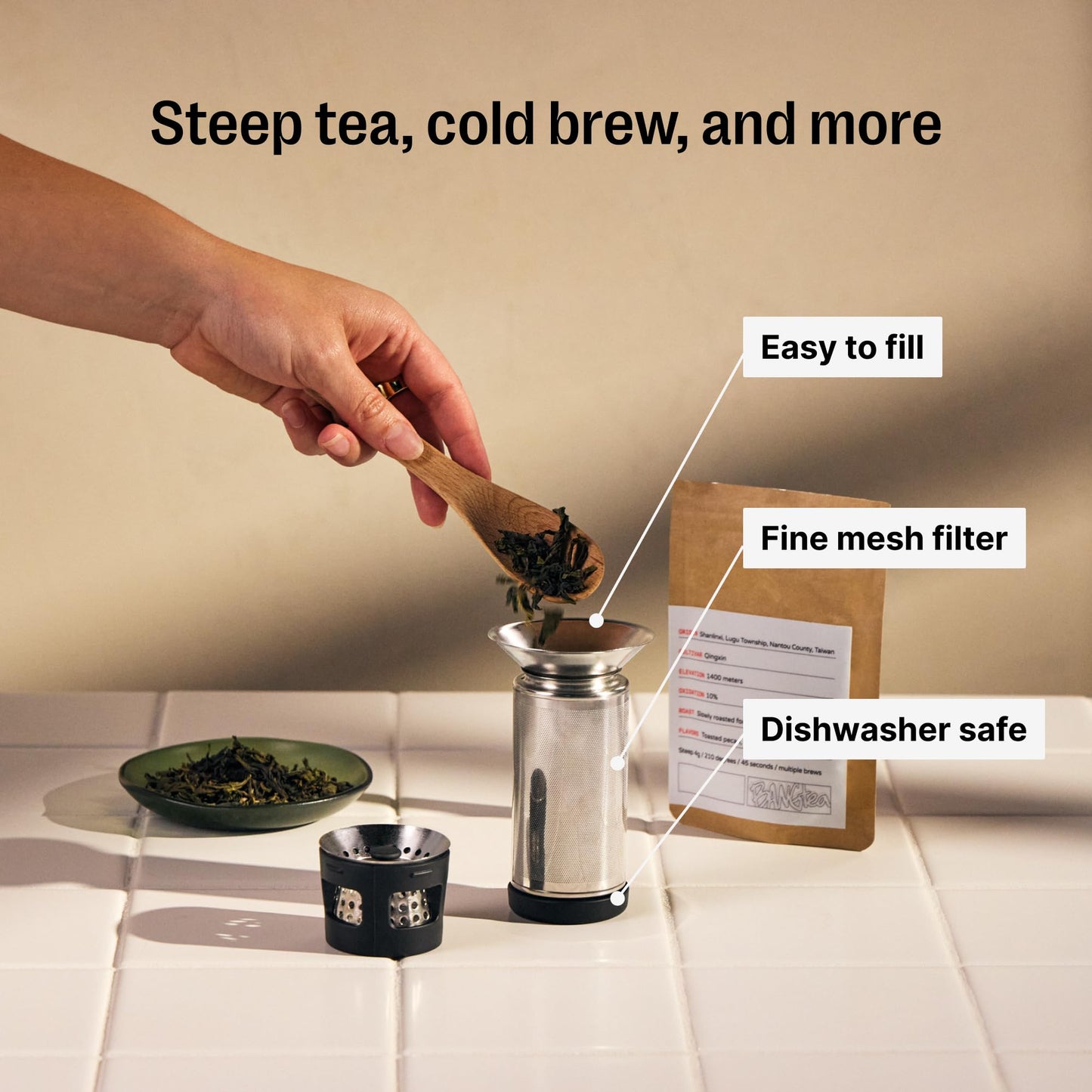 Fellow Carter Tea + Cold Brew Infuser & Carter Move 16 oz Tumbler Set - Steep Tea On-The-Go - Vacuum-Insulated Stainless Steel Travel Mug Snap-in Infuser for Steeping, Cold Brew, Stone Blue