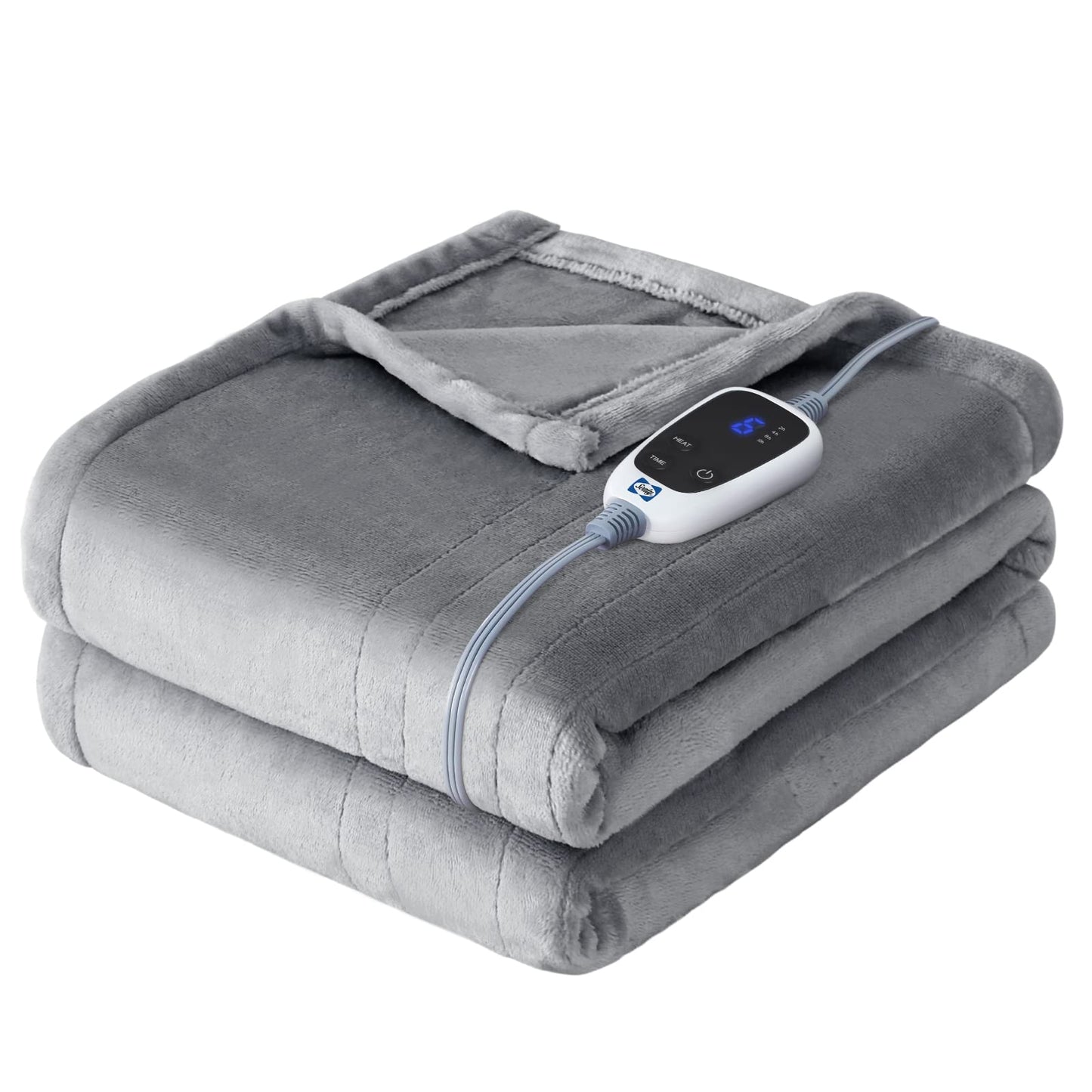 Sealy Electric Blanket Throw, Flannel Heated Blanket with 6 Heat Settings & 2-10 Hours Auto Shut Off, Fast Heating & Machine Washable for Home Office Use, 50x60 Inch, Light Grey