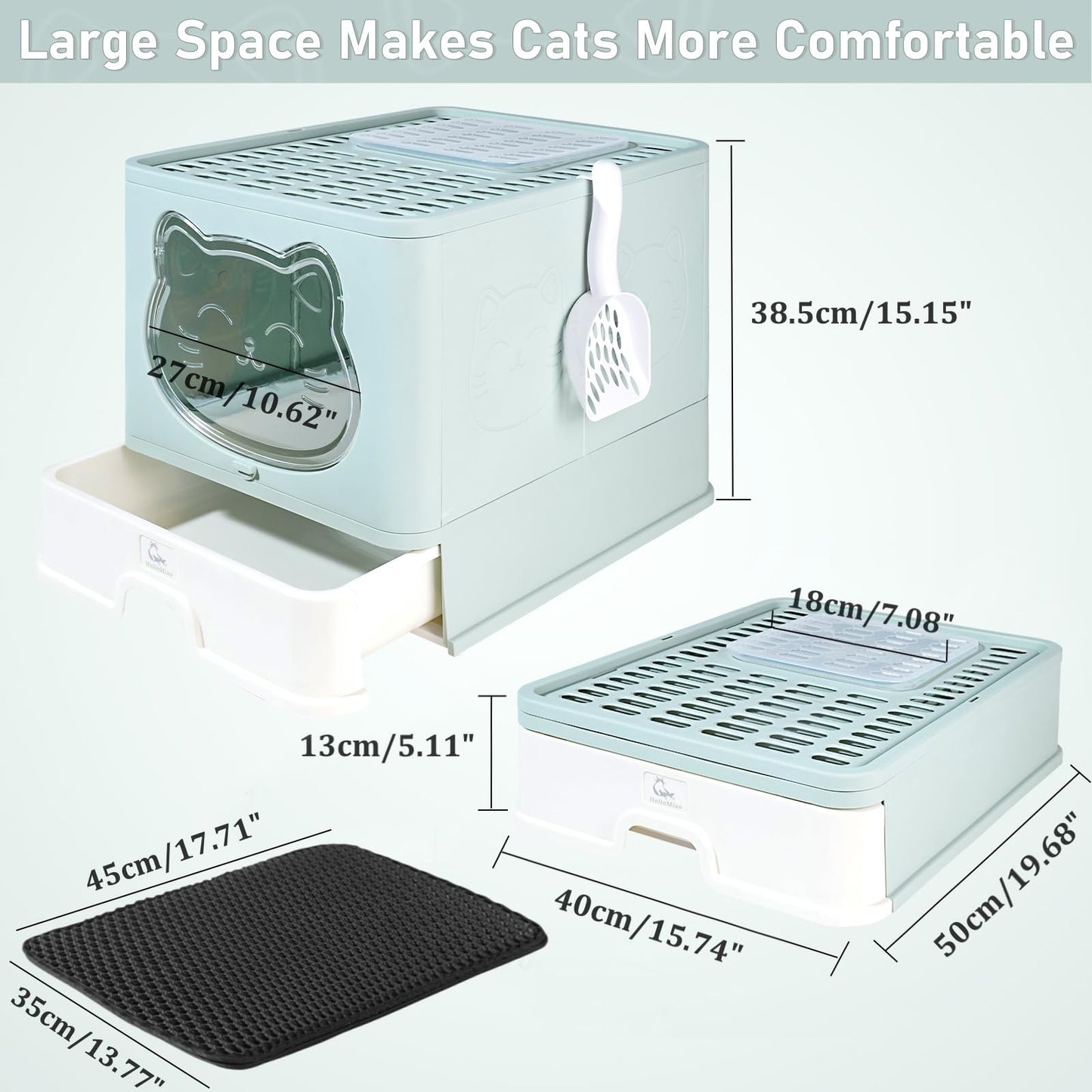 HelloMiao Fully Enclosed Cat Litter Box with Lid, Foldable Extra Large Cat Toilet, Drawer Type Cat Litter Tray with Plastic Scoop, Suitable for Cats Under 17.6Ib(8kg)