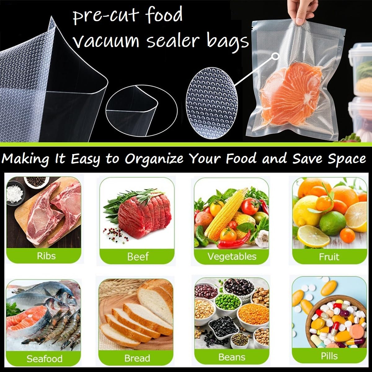 300 PCS Vacuum Sealer Bags for Food Saver - Pre-Cut Freezer Bags (10"x12"+8"x12"+6"x10"), 6X Longer Freshness, BPA Free Sous Vide Bags & Microwave Safe for Food Storage, Fits All Clamp Sealers