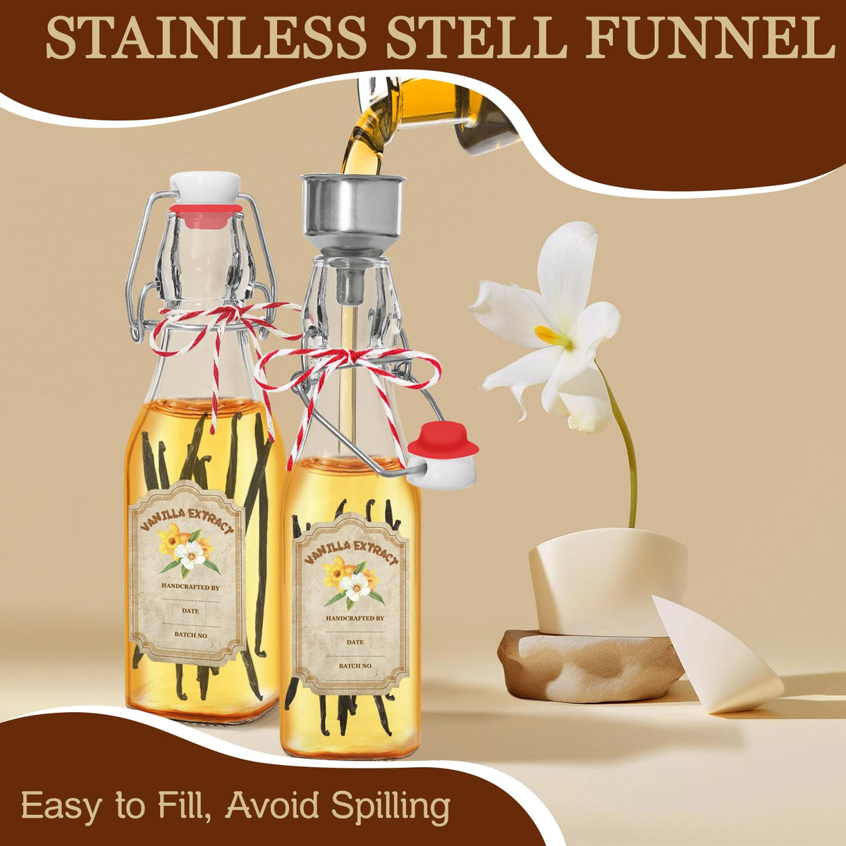 10 Pack Swing Top Glass Vanilla Extract Bottles 8 oz with Lids, Vanilla Extract Labels and Funnel, Glass Boston Vanilla Bottles for Syrup Gift, Flip Top Glass Bottles Jars for Vanilla Extract