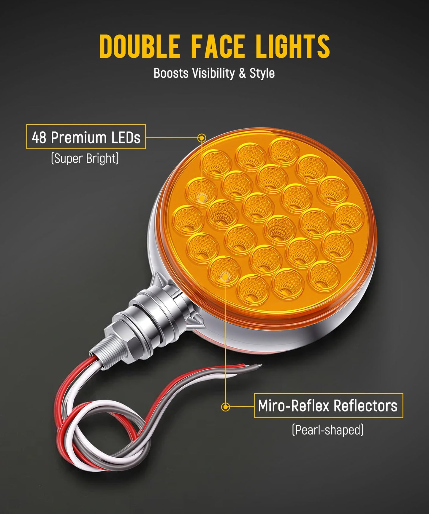 Partsam 2pcs Round Double Face Amber 48LED Pedestal Fender Rear Turn Signal Parking Lights Post Mount, Dual-face Led Marker Trailer Lights Replacement for Kenworth/Peterbilt/Freightliner Trucks