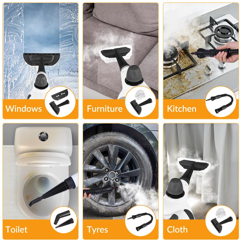 Handheld Pressurized Steam Cleaner with 12 pcs Accessories, Portable Steamer for Cleaning, Steam Cleaner for Home Use, Steamer for Cleaning Car, Furniture, Floor, Upholstery, Grout and Tile, Deep Gray