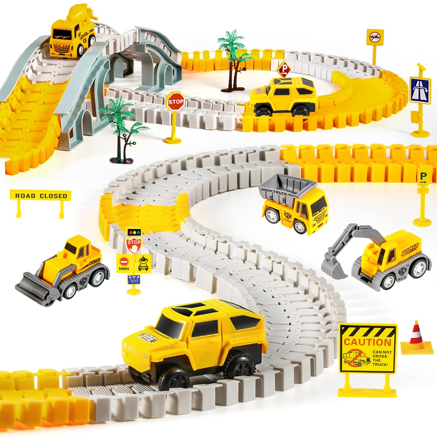 Kizplays 260 PCS Construction Race Tracks for Kids Toys, 2 Cars, 4 Construction Cars, 1 Map & Flexible DIY Track Set, Engineering Toys for 3 4 5 6 Year Old Boys Girls