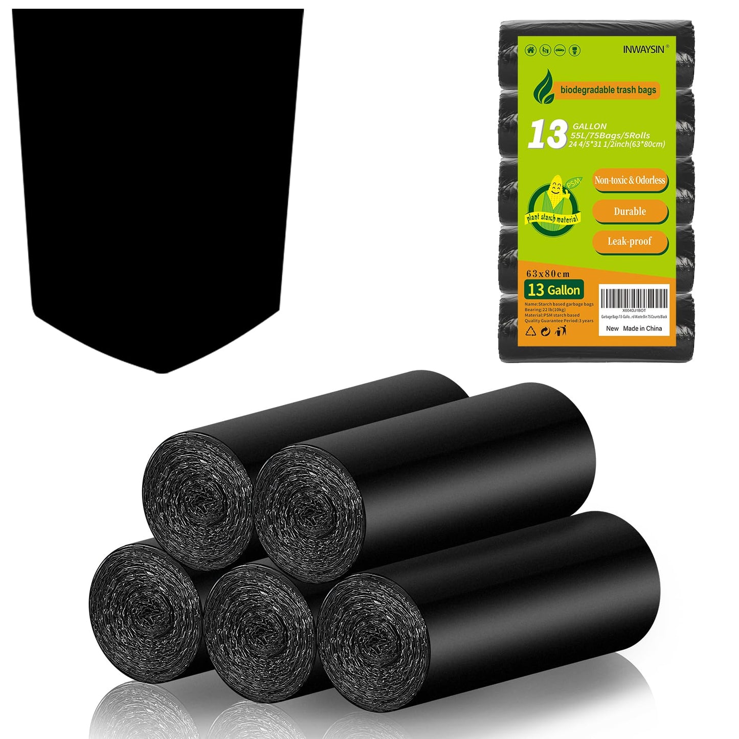 13 Gallon Biodegradable Tall-Kitchen Trash Bags - Black Garbage Bags Large Compostable Unscented 75 Count Recycling Strong Thick Office Waste Basket Liners Bulk Inwaysin
