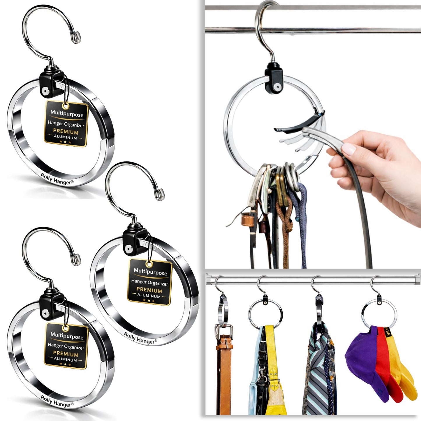 Rolly Hanger® Closet Space Saver – Premium Rotating Aluminum Organizer for Belts, Ties, Hats & Handbags – Heavy Duty 360° Swivel – Declutter & Maximize Storage (3 Pack)