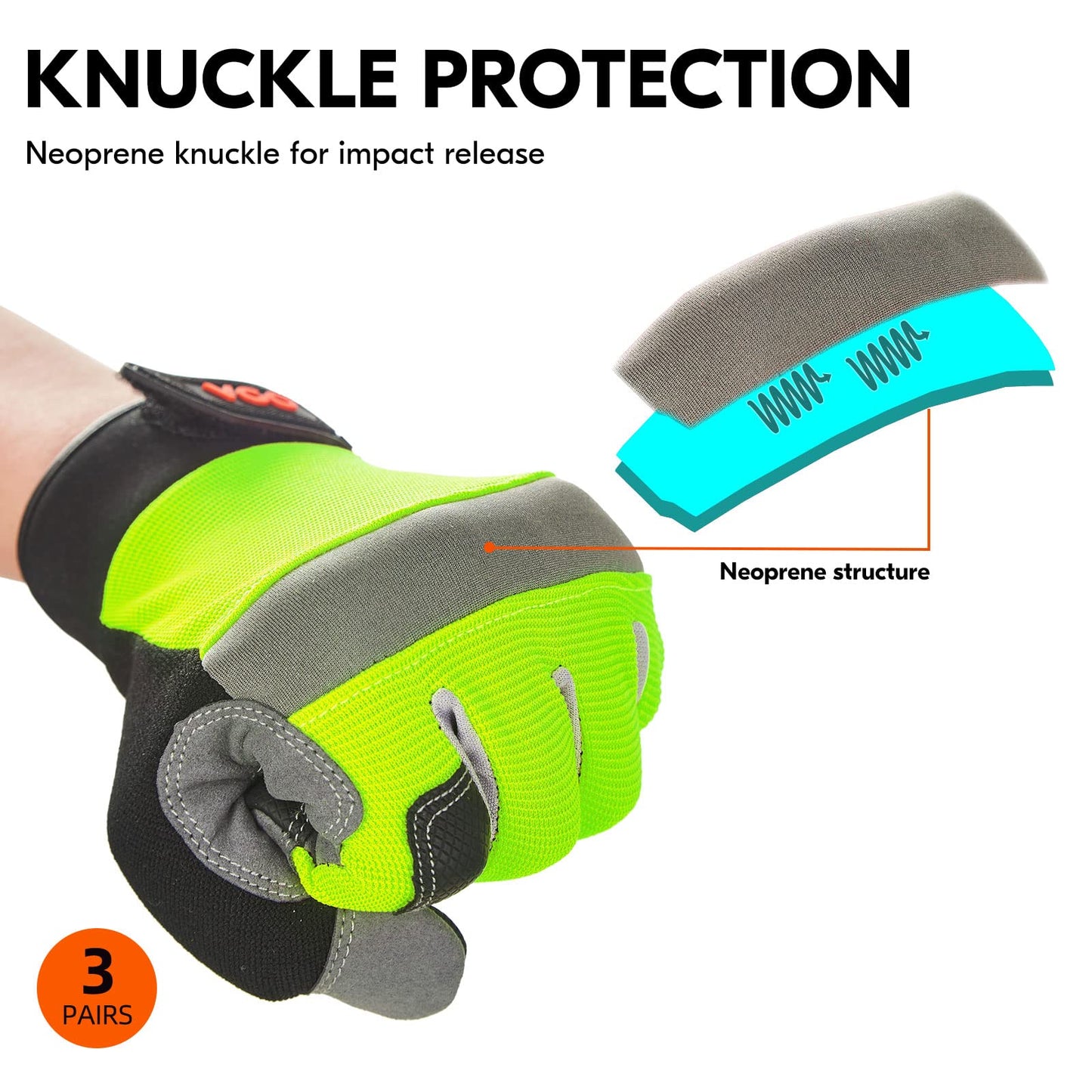 Vgo 3Pairs Safety Work Gloves,Builder Gloves,Gardening Gloves,Light Duty Mechanic Gloves(XL,Black+Fluorescence Green+Orange,SL7584)