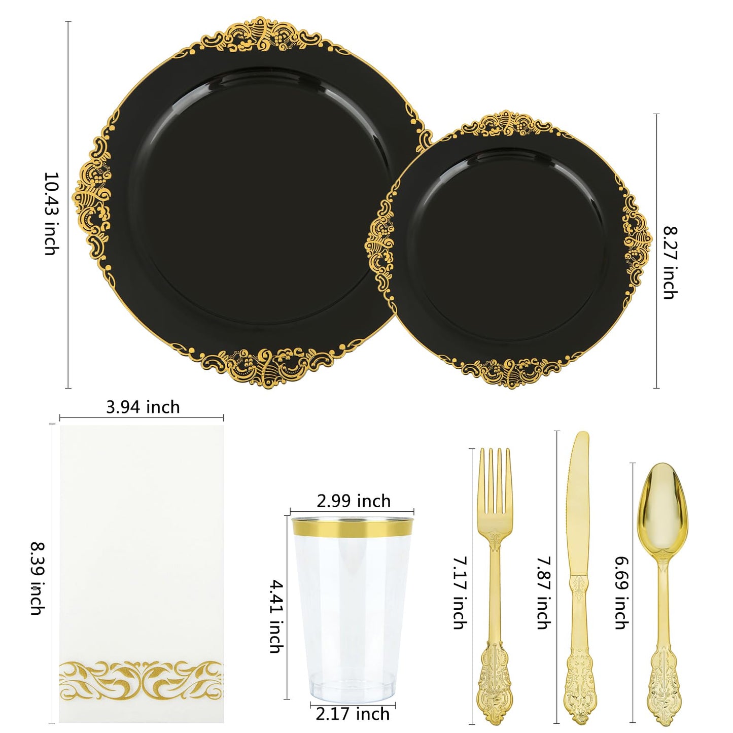 175PCS Black Plastic Plates Gold and Black Plates Heavy Duty Gold Plastic Dinnerware for 25 Guests with Gold Silverware Cups, Napkins for Parties & Birthday