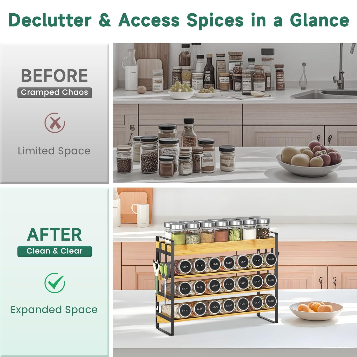 EsLuker.ly Spice Seasoning Rack Organizer Kitchen Countertop, 4 Tier Bamboo Spice Shelf Holder Storage with 4 Hooks, Wall Mounted Freestanding Stand for Pantry, Quick Spice Access(Jars Not Included)