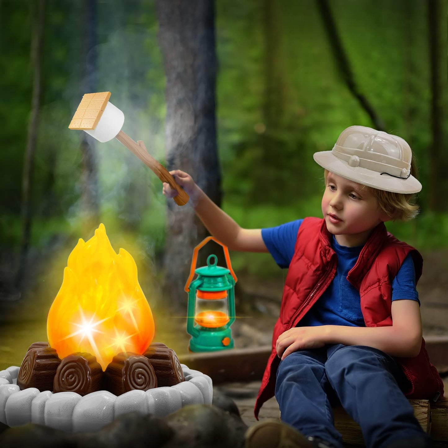 Camping Toys for Kids - Pretend Campfire for 3 4 5 6 7 Year Old Boys Girls - Pretend Play with Toy Campfire/Play Food/Oil Lantern/Kids Explorer Kit