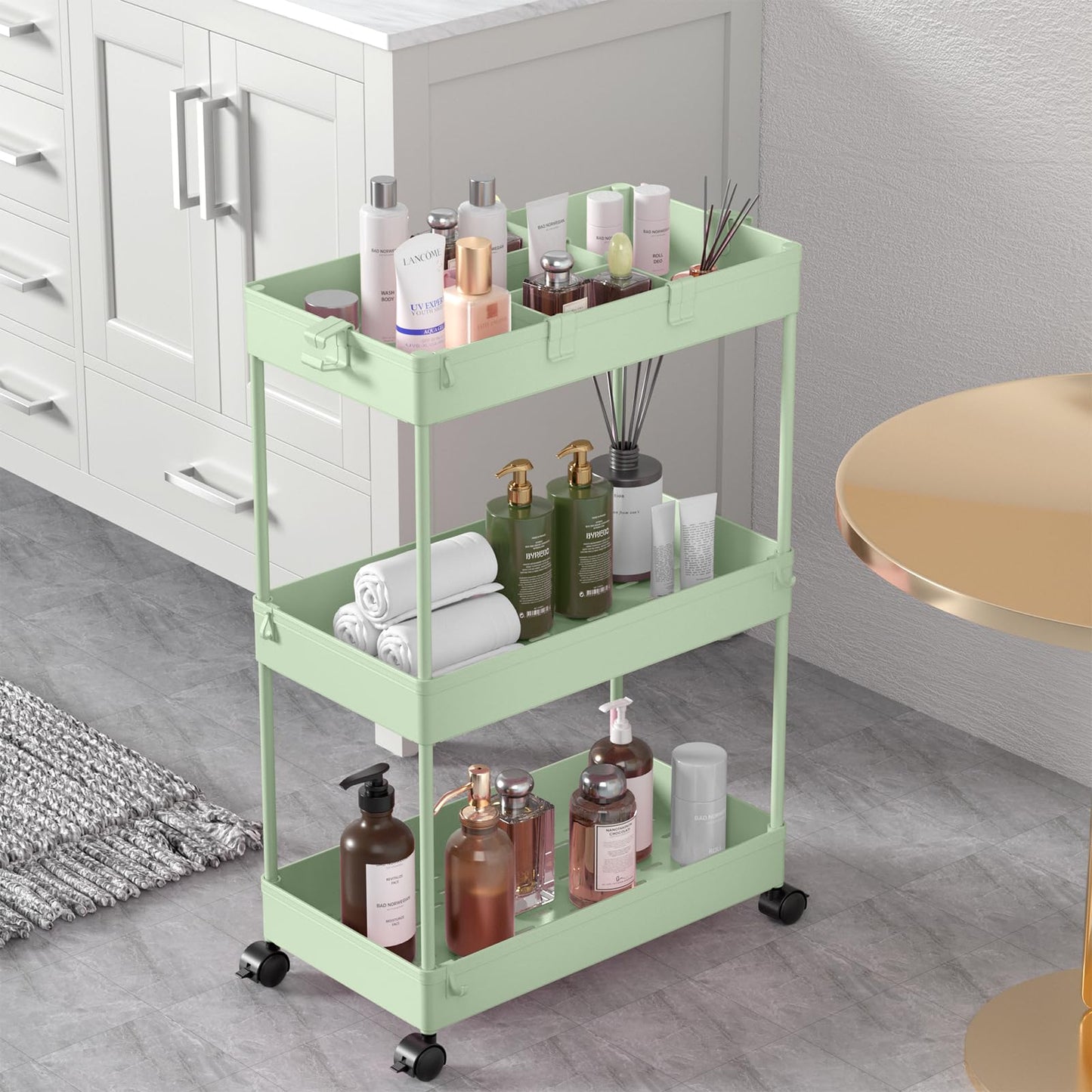 SPACELEAD Slim Storage Cart,3 Tier Bathroom Rolling Utility Cart Storage Organizer Slide Out Cart, Mobile Shelving Unit Organizer Trolley for Office Bathroom Kitchen Laundry Room Narrow Places, Green