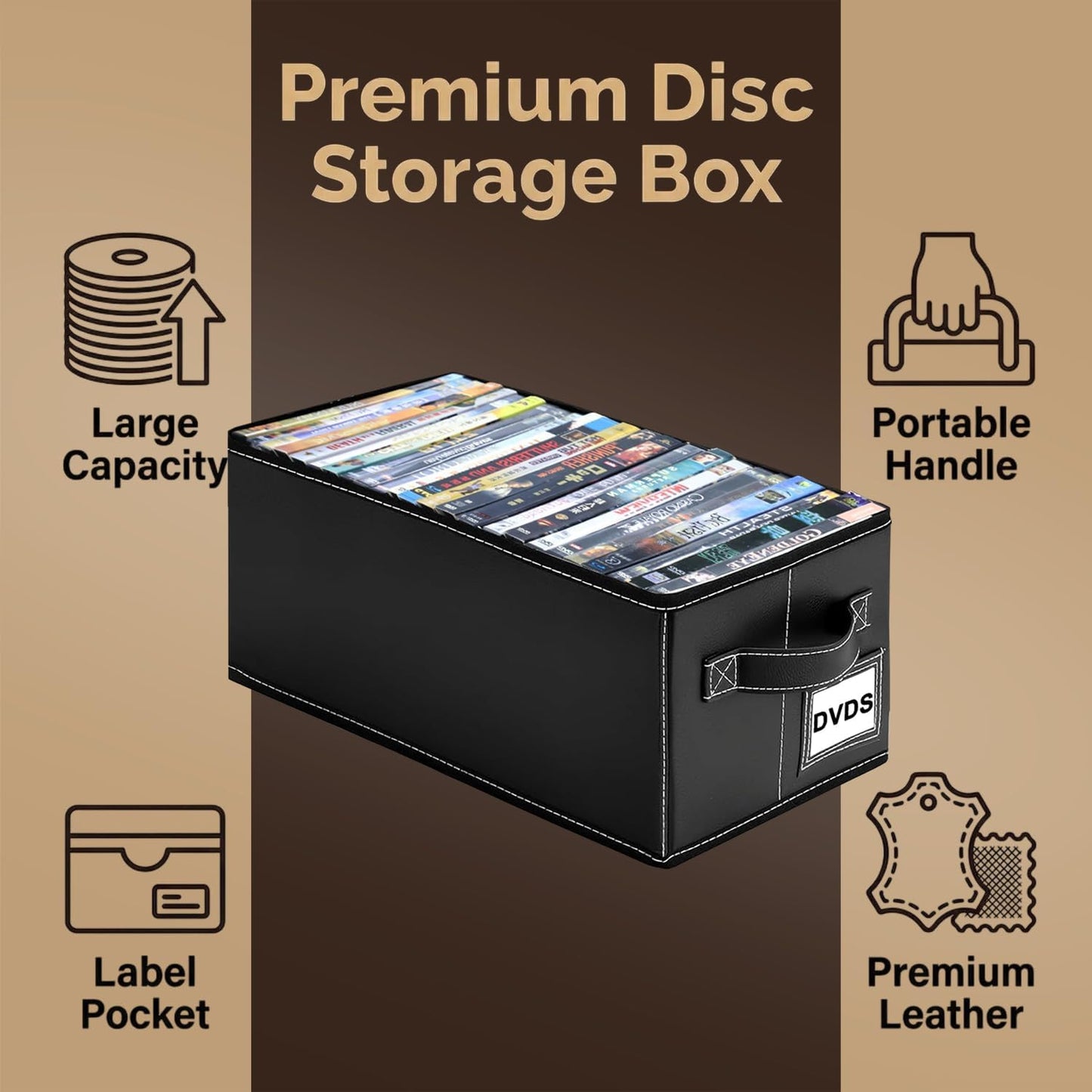 Salajory DVD Storage Boxes 4 Pack, Holds 100 DVDs, PU Leather Media Organizer Case for Blu-ray, Game & Movie Discs with Handle, 15.7x7.9x5.7 Inches, Desktop or Closet Storage