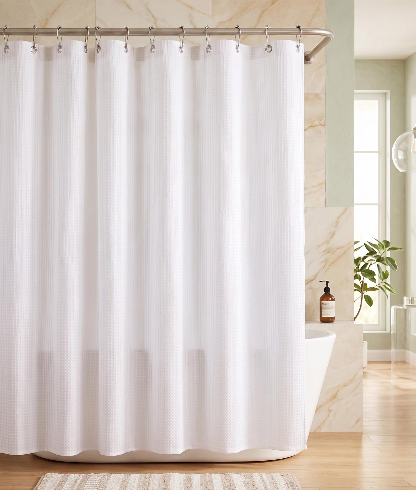 Mantto Waffle Shower Curtain Set, Premium Diamond Texture Fabric Shower Curtains for Bathroom, No Liner Needed, Waterproof & Heavy Duty with Weighted Hem with 12 Metal Hooks, 72 x 72 Inches, White