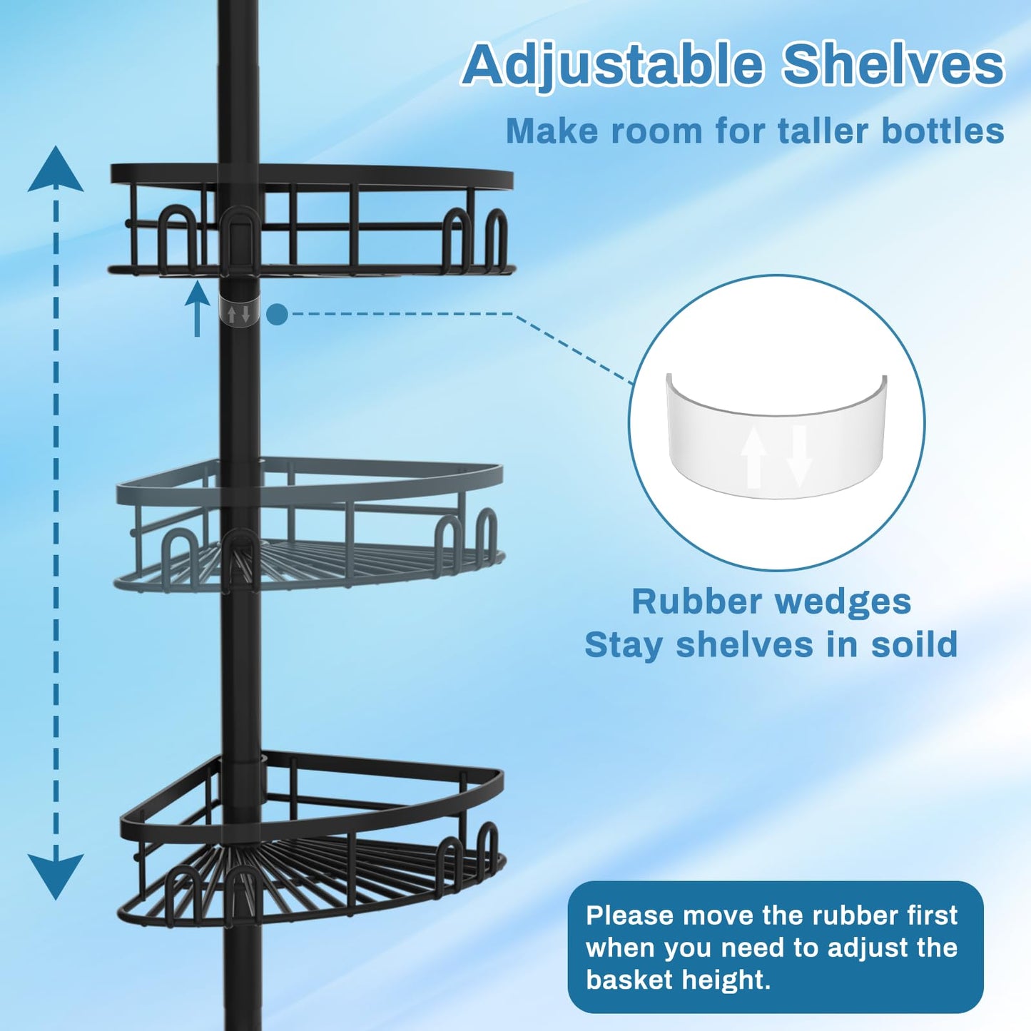 cutefafa Rustproof Corner Shower Caddy with Tension Rod, 4 Large Baskets for Bathtub Shampoo Storage Organizer Bathroom Height Adjustable Shelves from 50 to 297 cm with Towel Bar