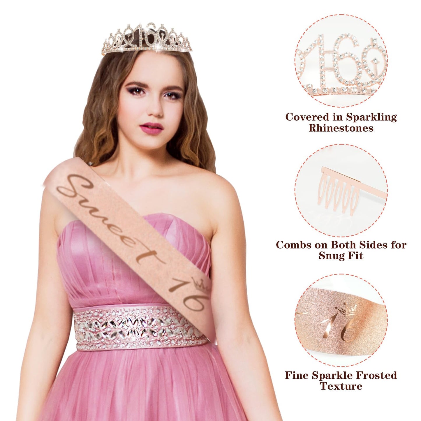 50PCS Sweet 16 Birthday Decorations for Girls, 16th Bady Crown and Sash Set, Rose Gold and Black Banner, Cake Topper, Balloons, Swirl, Pom Poms, Backdrop Decor, Happy Sixteen Party Supplies.