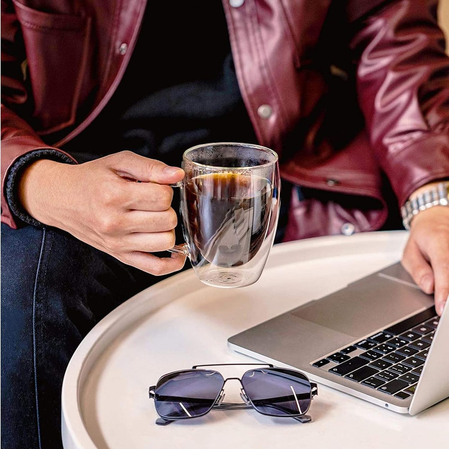 Double Wall Glass Coffee Mugs Glass Mug with Handles Double Wall Cappuccino Cups, 12oz of Set 4 Coffee Tea Mugs, Clear Glasses with Handle