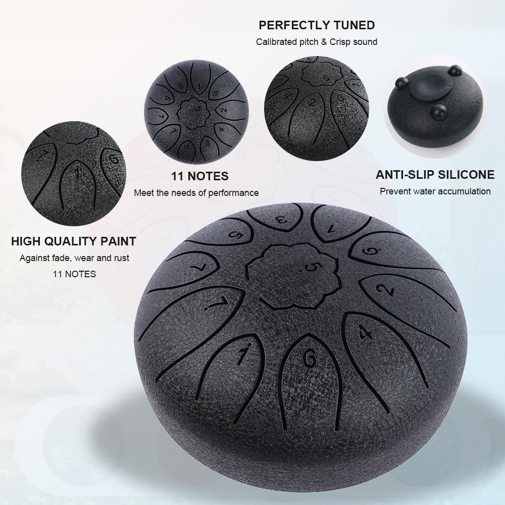 Dozzly 6 Inch 11 Notes Steel Tongue Drum, Engraved Note Rain Drum, Pre-Tuned Handpan Drum with Mallets, Music Score & Storage Bag, Percussion Instrument for Relaxation, Camping & Gift (Black)