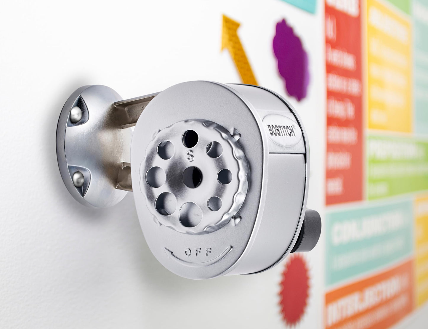 Bostitch Office Wall Mount Manual Pencil Sharpener, Tip Saver, 8 Hole Dial, 6X Longer Cutter Life, Vertical or Horizontal Mounting, Silver