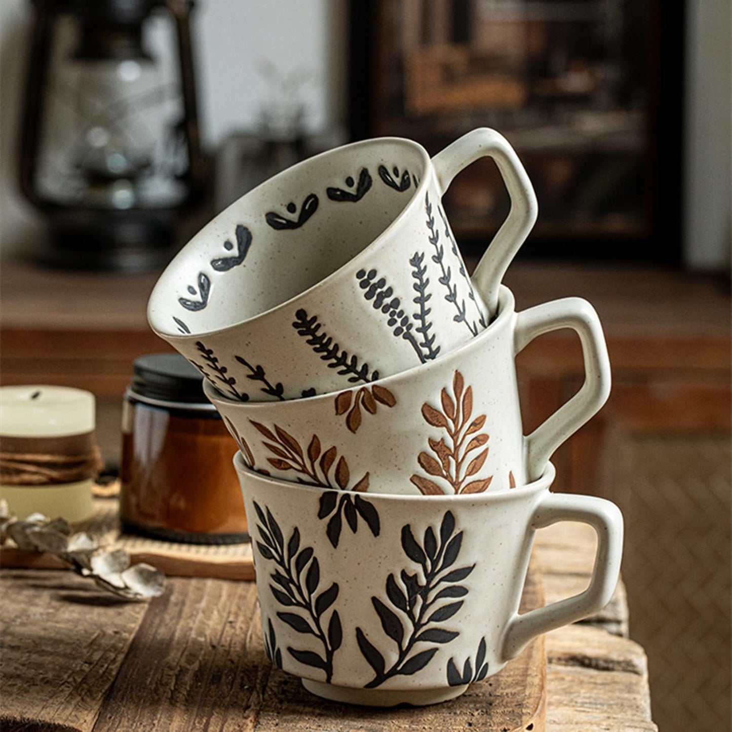Swuut 12oz Vintage Ceramic Coffee Mug Set of 4 - Handmade Rustic Pottery Countryside Coffee Mugs with Handle,Fall Winter Latte,Espresso Cappuccino,Cocoa,Tea Cups, Dishwasher Microwave Safe(Plants)