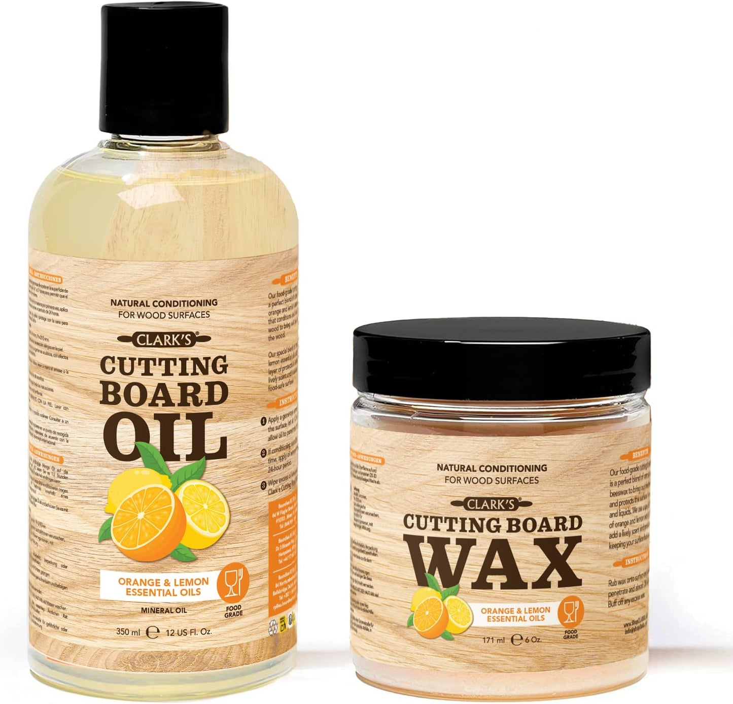 Clark’S Food Grade Mineral Oil (355 mL) & Cutting Board Wax (177 mL) Set – Cutting Board Oil and Wax Bundle – Butcher Block Oils & Wood Conditioner – with Orange & Lemon Extract