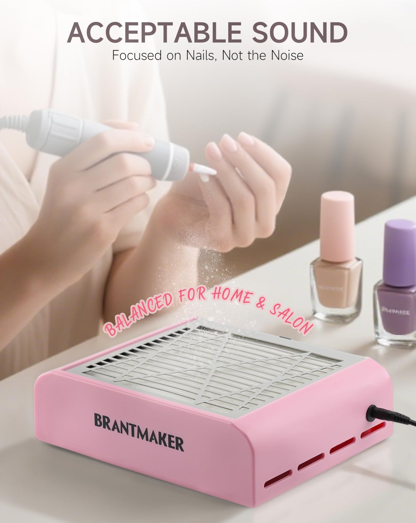 BRANTMAKER Nail Dust Collector with Brush and 2 Reusable Filters, 60W Vacuum Dust Fan for Acrylic Nails (Pink)