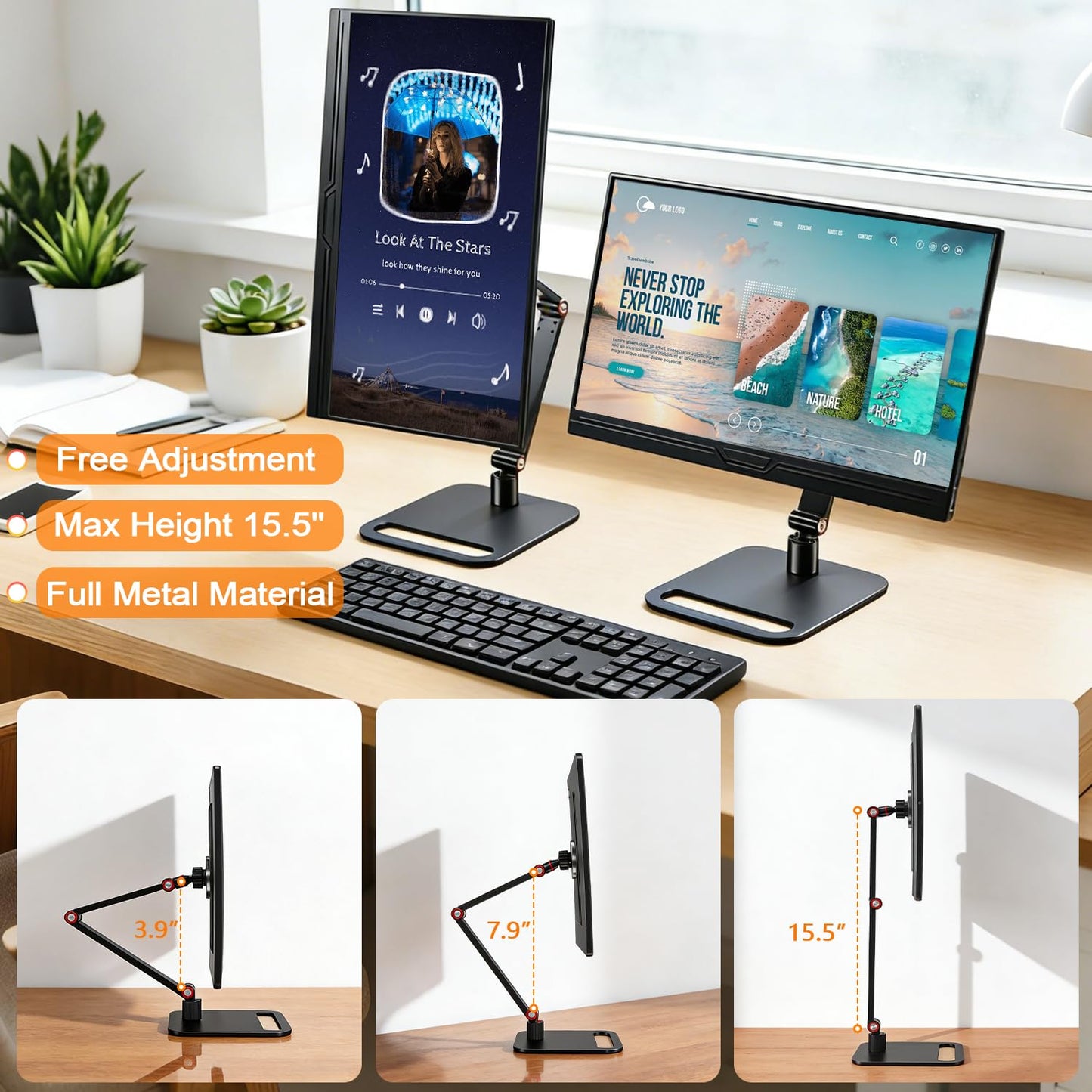 Portable Travel Monitor Stand, Strong Magnetic Portable Monitor Holder, iPhone/iPad Stand for 4.7" 12.9" 15.6" 16" 17.3" 18.5'' Screens, Universal Screen Extender Base Adjustable Tablet Holder