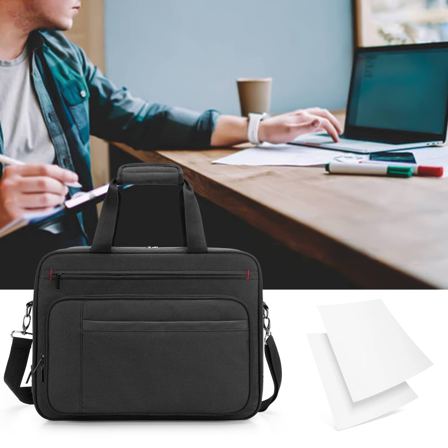 SAMDEW Double-Layer Portable Mobile Printer Storage Bag Compatible with HP Tango/Tango X, HP Officejet 250/200, Printer Carrying Case with Laptop Layer up to 15.6", Shoulder & Trolley Strap, Bag Only