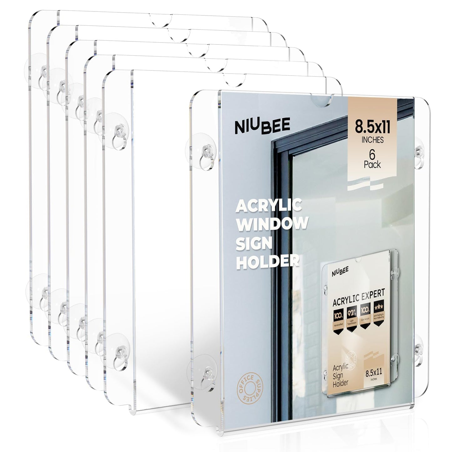 NIUBEE Acrylic Window Sign Holder with Suction Cups 8.5 X 11, Clear Acrylic Frames Glass Door Mount, Displaying Flyers, Notices and Menus, for Office, Store, Home, Restaurant (6 Pack)
