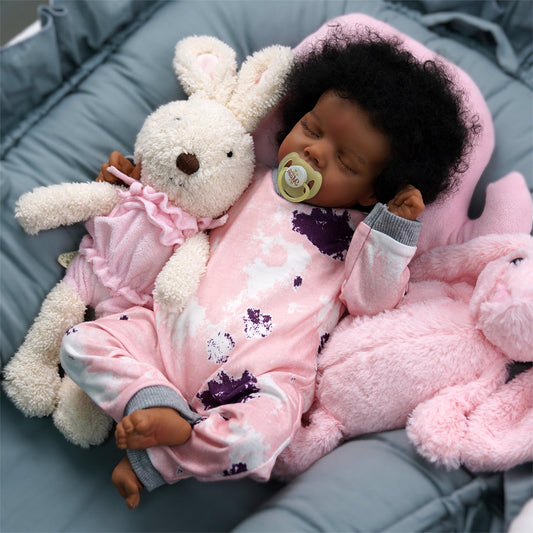BABESIDE Lifelike Reborn Baby Doll Black 17-Inch Baby-Soft Body & Curls Realistic-Newborn Baby Dolls African American Real Life Baby Dolls Cloth Body w/Feeding Kit & Gift Box for Kids