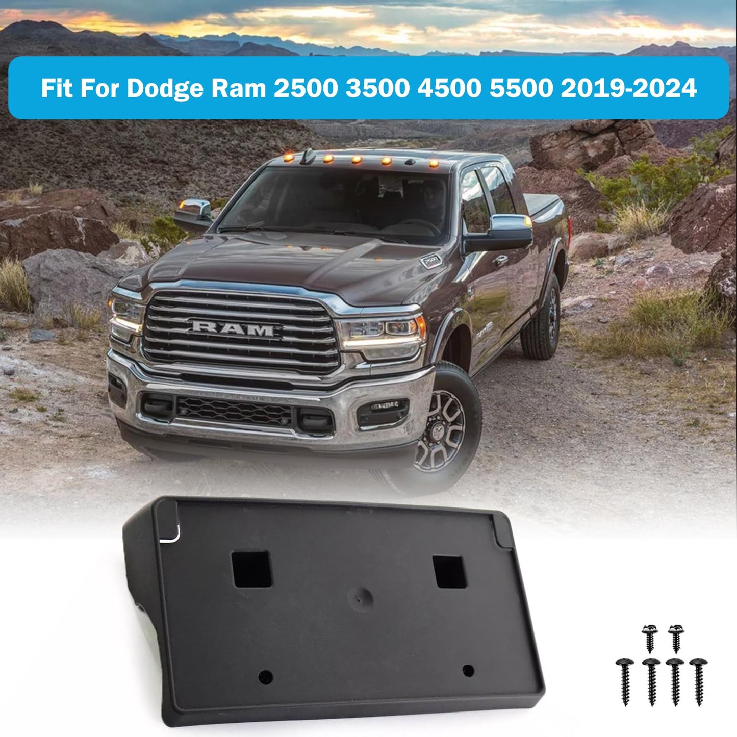 Front License Plate Frame for Dodge Ram 2500/3500 / 4500/5500 2019 2020 2021 2022 2023 2024 2025 Front Bumper License Plate Holder Mounting Bracket Cover Replace # 68362197AA CH1068166