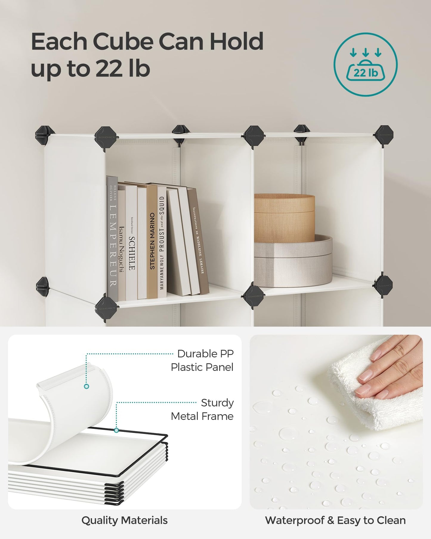 SONGMICS 6 Cube Storage Organizer, DIY Closet Shelf, Plastic Clothes Organizer, Modular Bookcase, 11.8 x 11.8 x 11.8 Inch Cubes, with Feet and Rubber Mallet, Cream White ULPC111M01