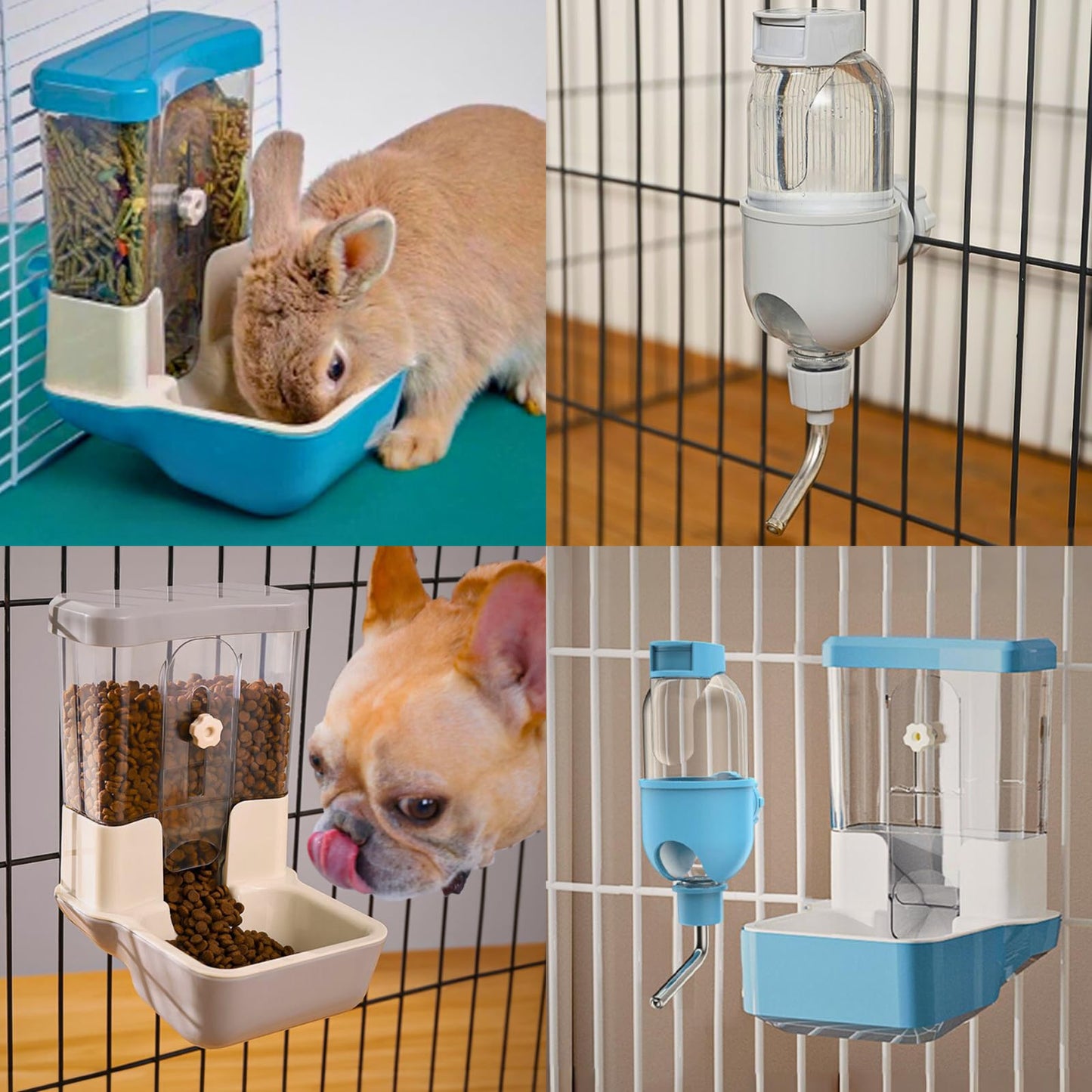 Automatic Pet Food Water Dispenser, Auto Gravity Pet Feeder Water Bottle Set for Crate, Feeding Station for Small Dog Cat Rabbit Guinea Pigs Chinchilla Ferret Hedgehog (Grey)