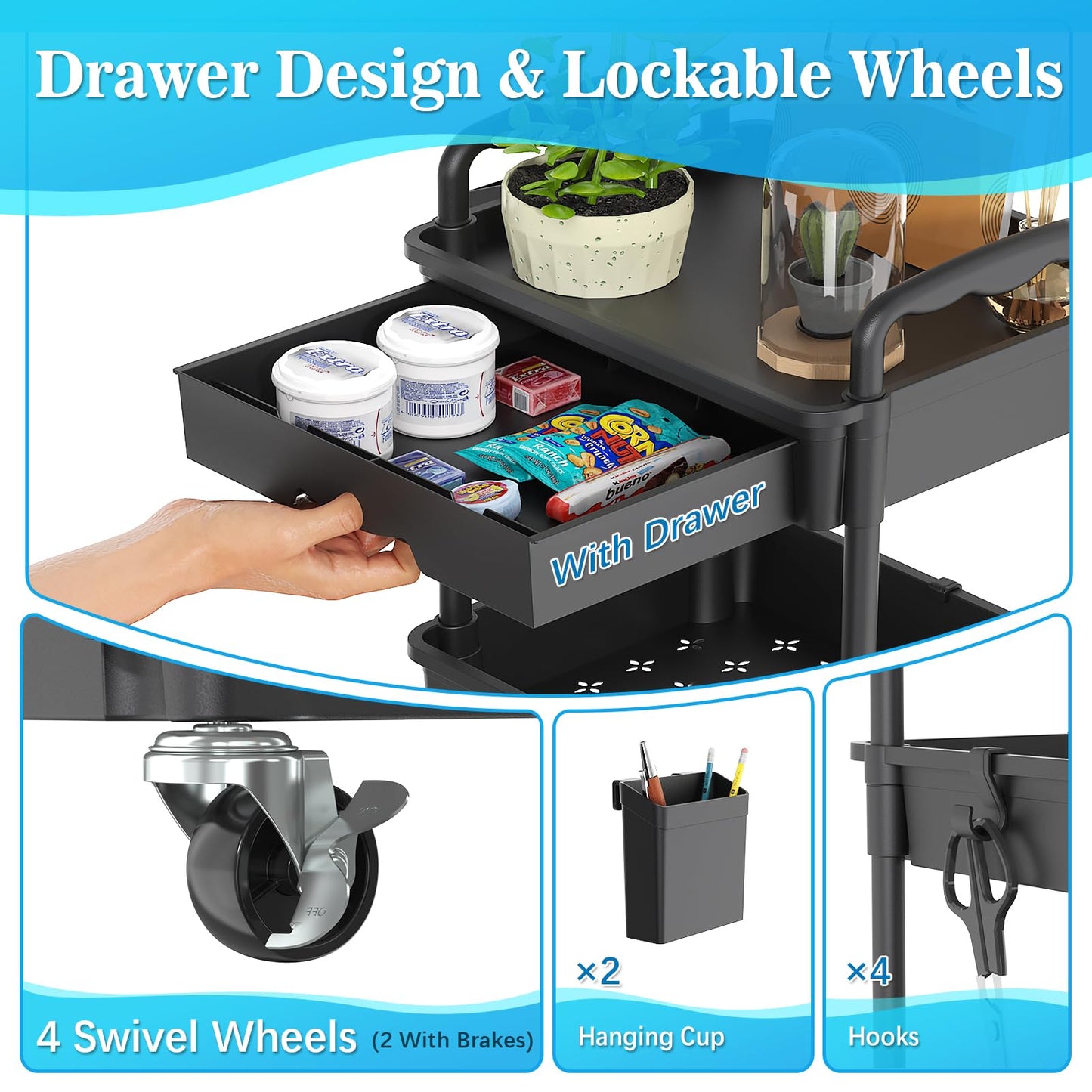 SUNALLY 3 Tier Rolling Storage Carts with Drawer, Storage Cart Organizer with Lockable Wheels Rolling Utility Organizing Cart for Bathroom Kitchen Bedside Art Craft Snack Makeup Lash Nail Baby, Black