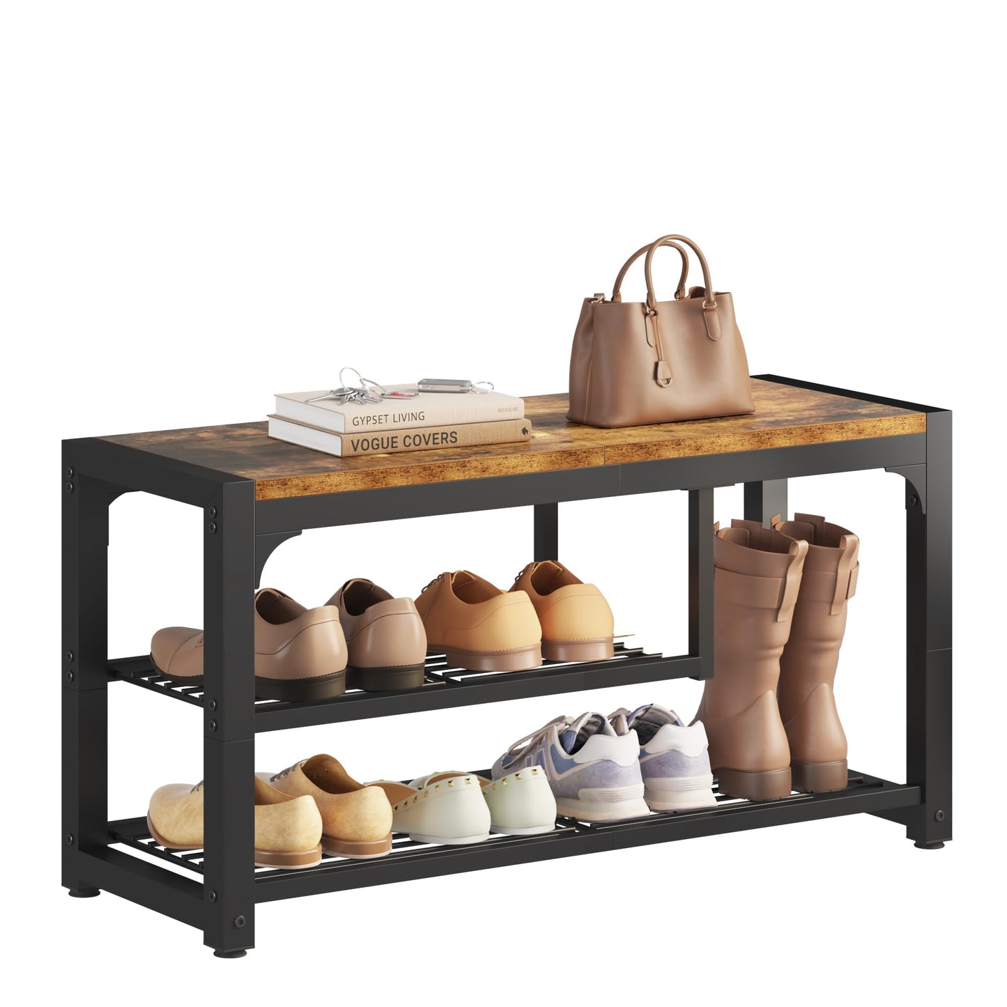 HOMEFORT Shoe Bench,31.5 Inches Shoe Storage Bench for Entryway,3 Tiers Shoe Rack Bench for Front Door Entrance, Industrial Entry Bench with Mesh Shelves and Boot Storage, Rustic Brown