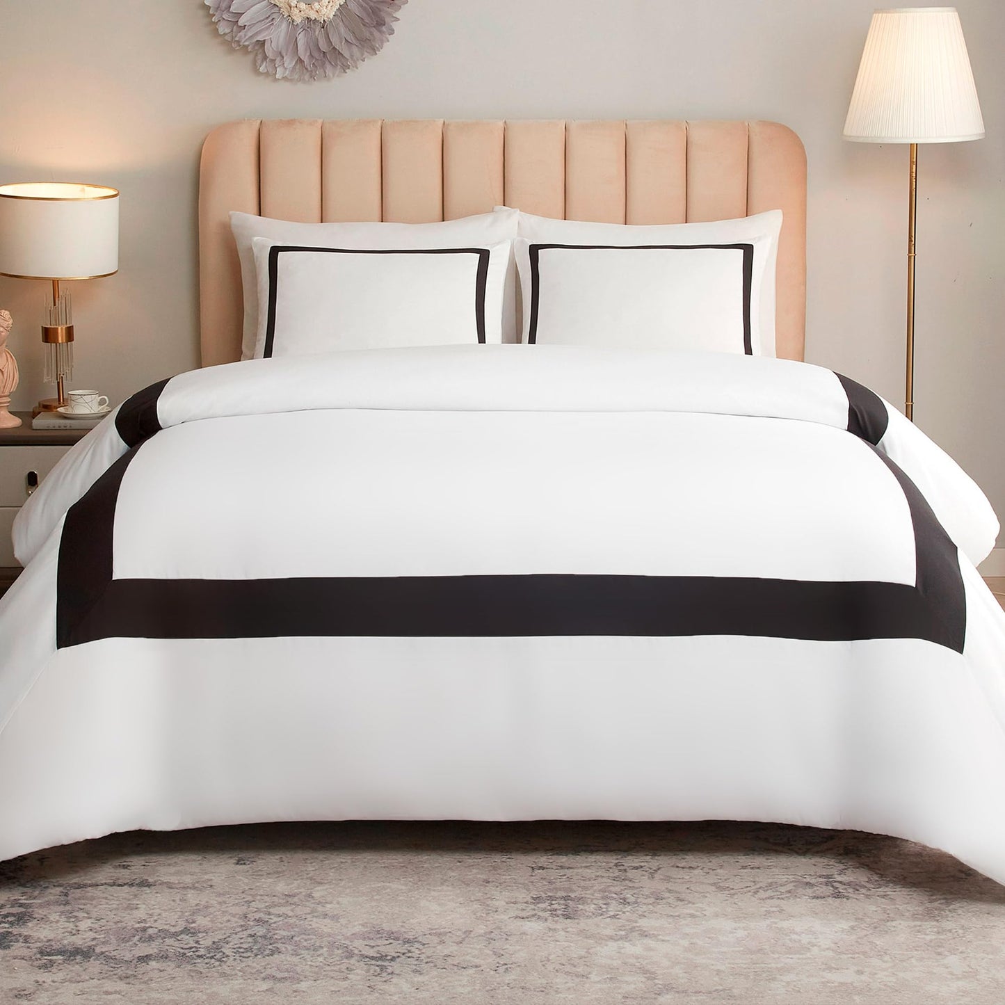 OSVINO Hotel Duvet Cover Set 3Pcs Microfiber Line Pattern Pillowcases Ultra Soft Breathable Bedding Comforter Quit Cover with Pillowcases, Black, Full/Queen